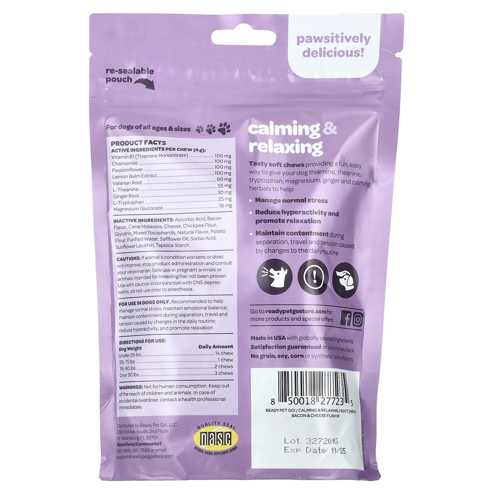 Ready Pet Go, Успокаивающий и расслабляющий, для собак, для всех возрастов, бекон и сыр, 60 жевательных таблеток, 240 г (8,5 унции)