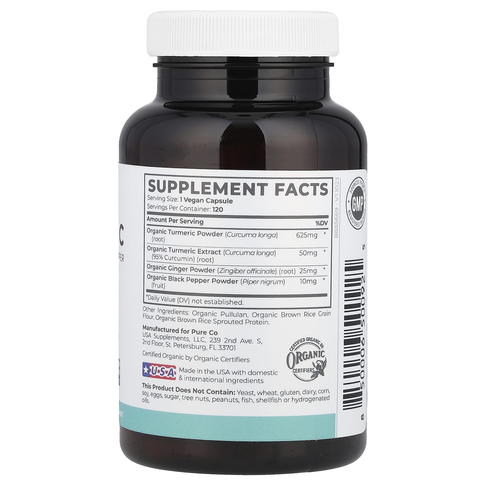 Pure Co., Органическая куркума с имбирем и черным перцем, 120 веганских капсул
