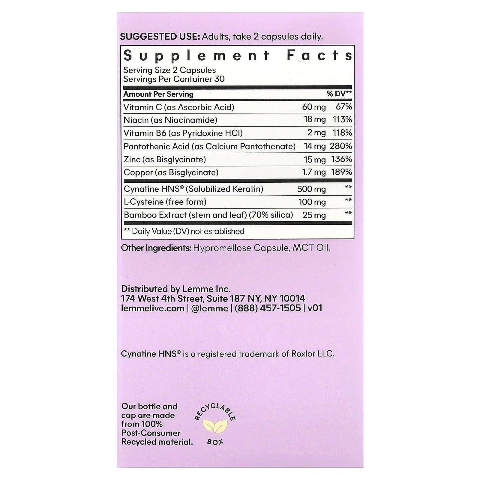 Lemme, Grow, средство для роста волос и против выпадения, 60 капсул
