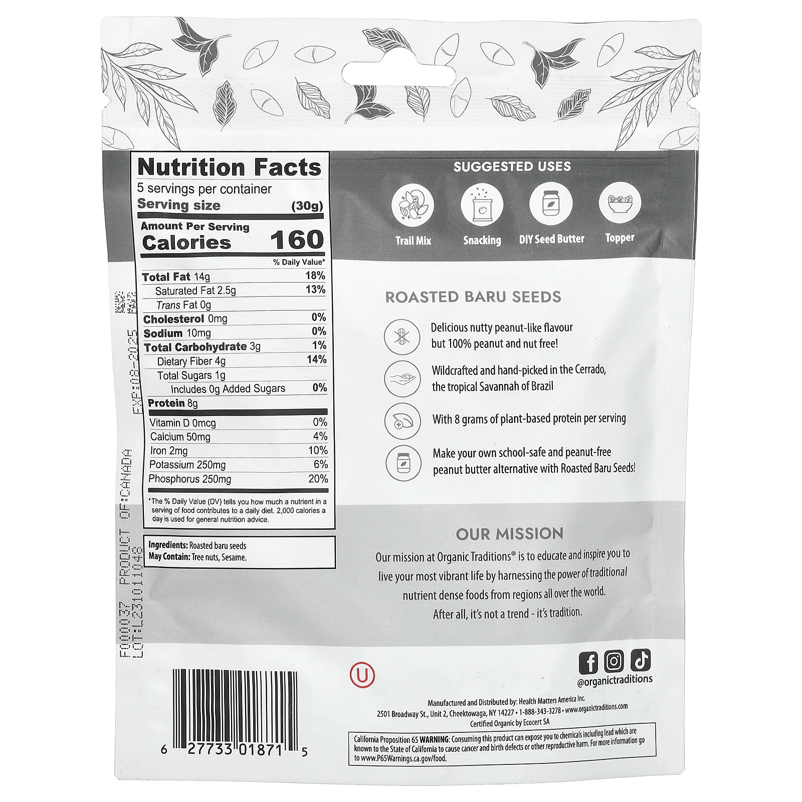 Organic Traditions, Жареные семена бару, 5,3 унции (150 г)