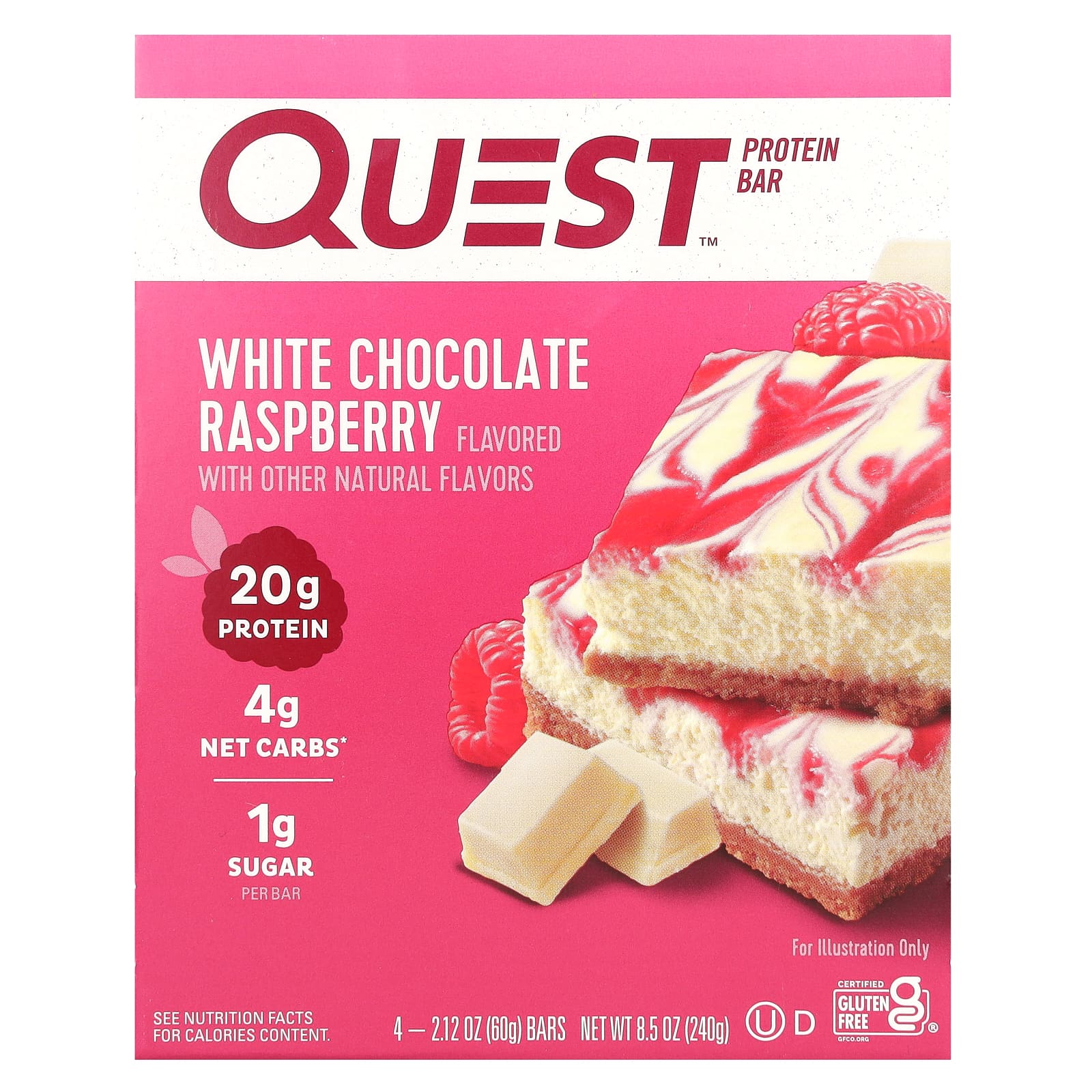 Quest Nutrition, протеиновый батончик, белый шоколад и малина, 4 шт. по 60 г (2,12 унции)