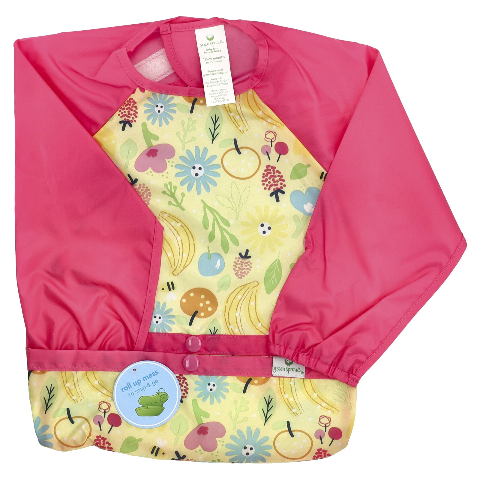 Green Sprouts, Нагрудник с длинным рукавом Snap & Go Easy Wear, от 12 до 24 месяцев, с розовыми пчелиными цветами, 1 штука