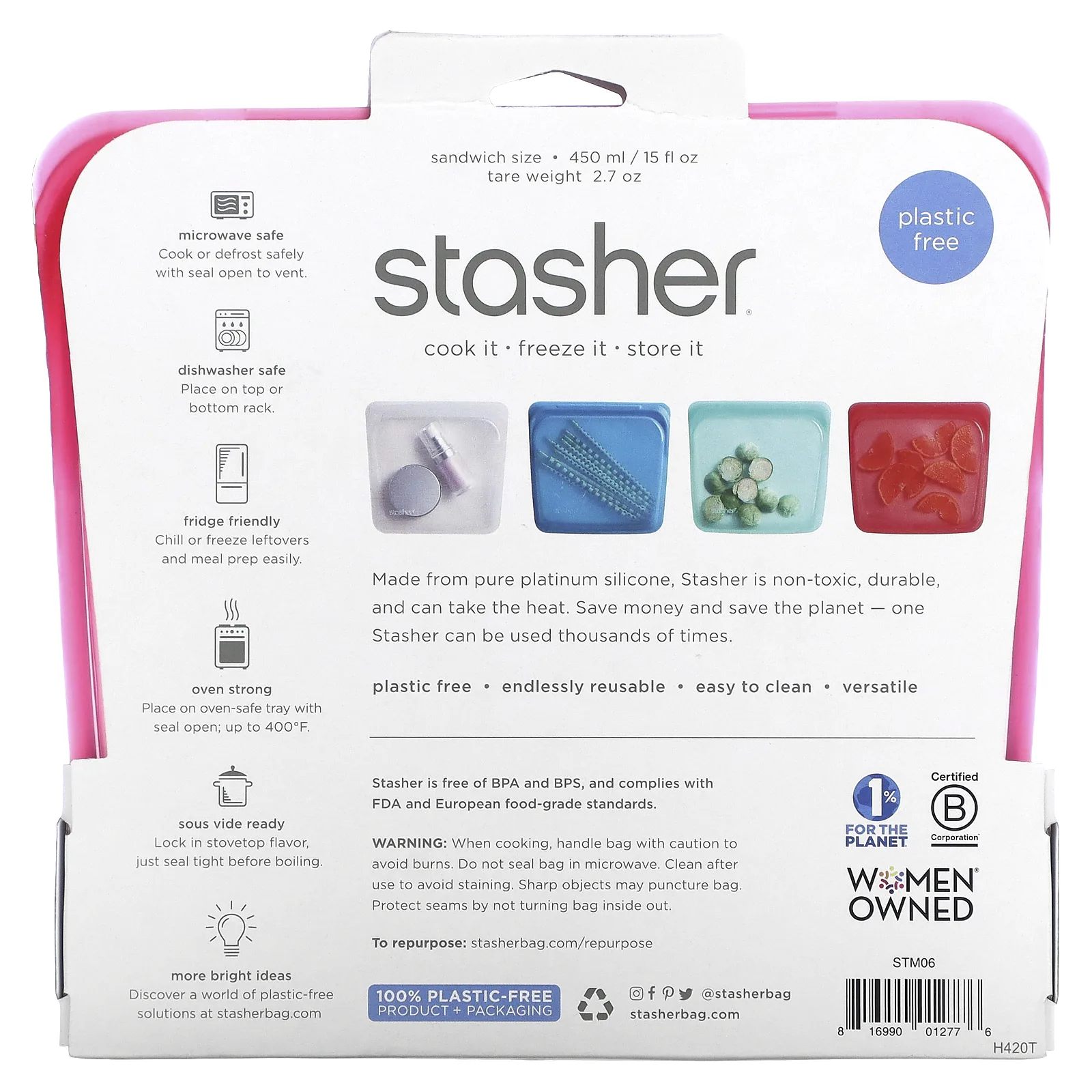 Stasher, Многоразовый силиконовый контейнер для еды, удобный размер для бутербродов, средний, малиновый, 450 мл (15 жидк. унций)