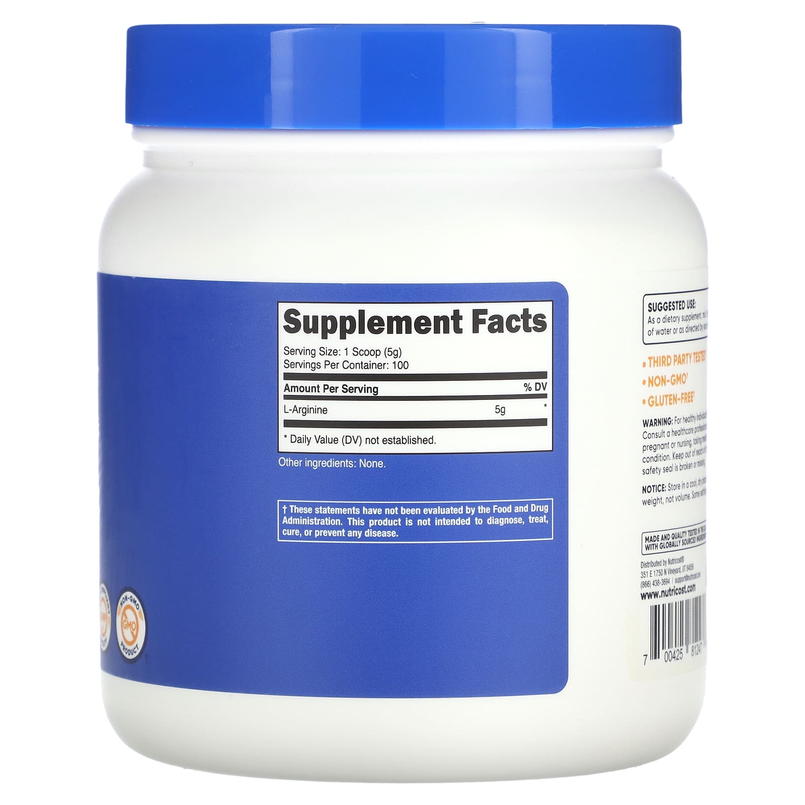 Nutricost, L-аргинин, без добавок, 500 г (17,9 унции)