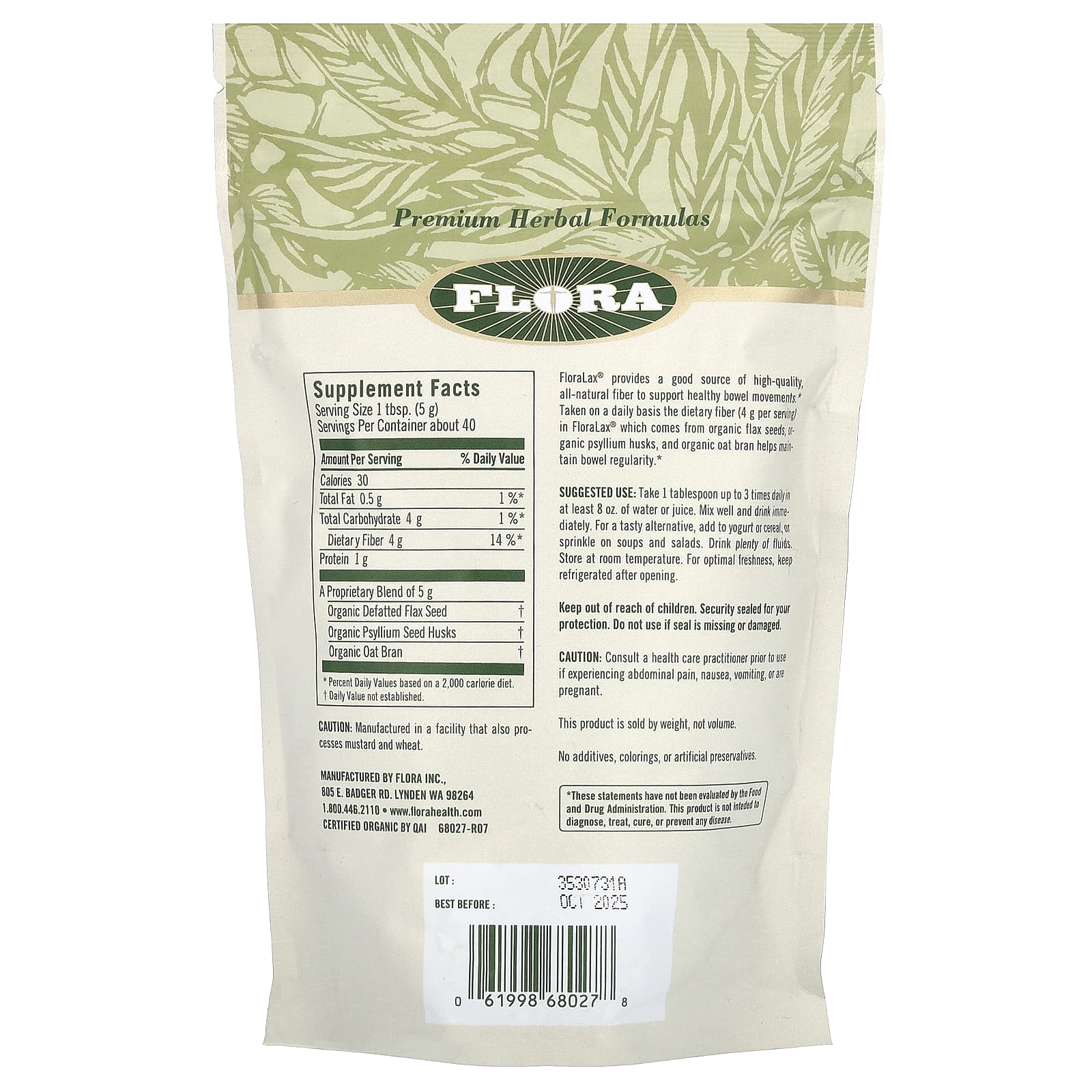 Certified Organic FloraLax, органический продукт, 198 г (7 унций)
