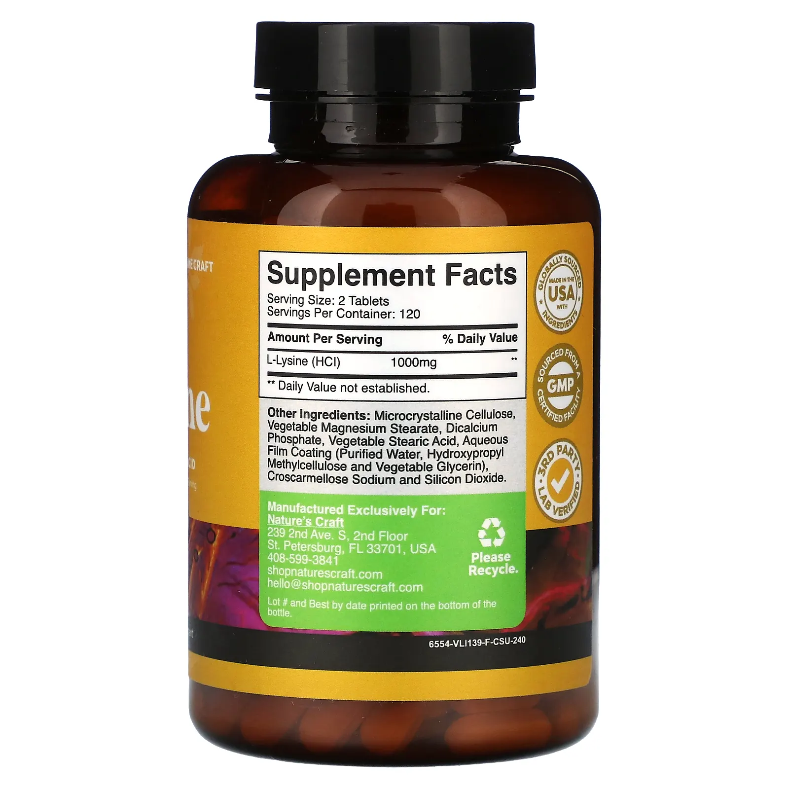 Nature's Craft, L-лизин, 1000 мг, 240 таблеток (500 мг в 1 таблетке)
