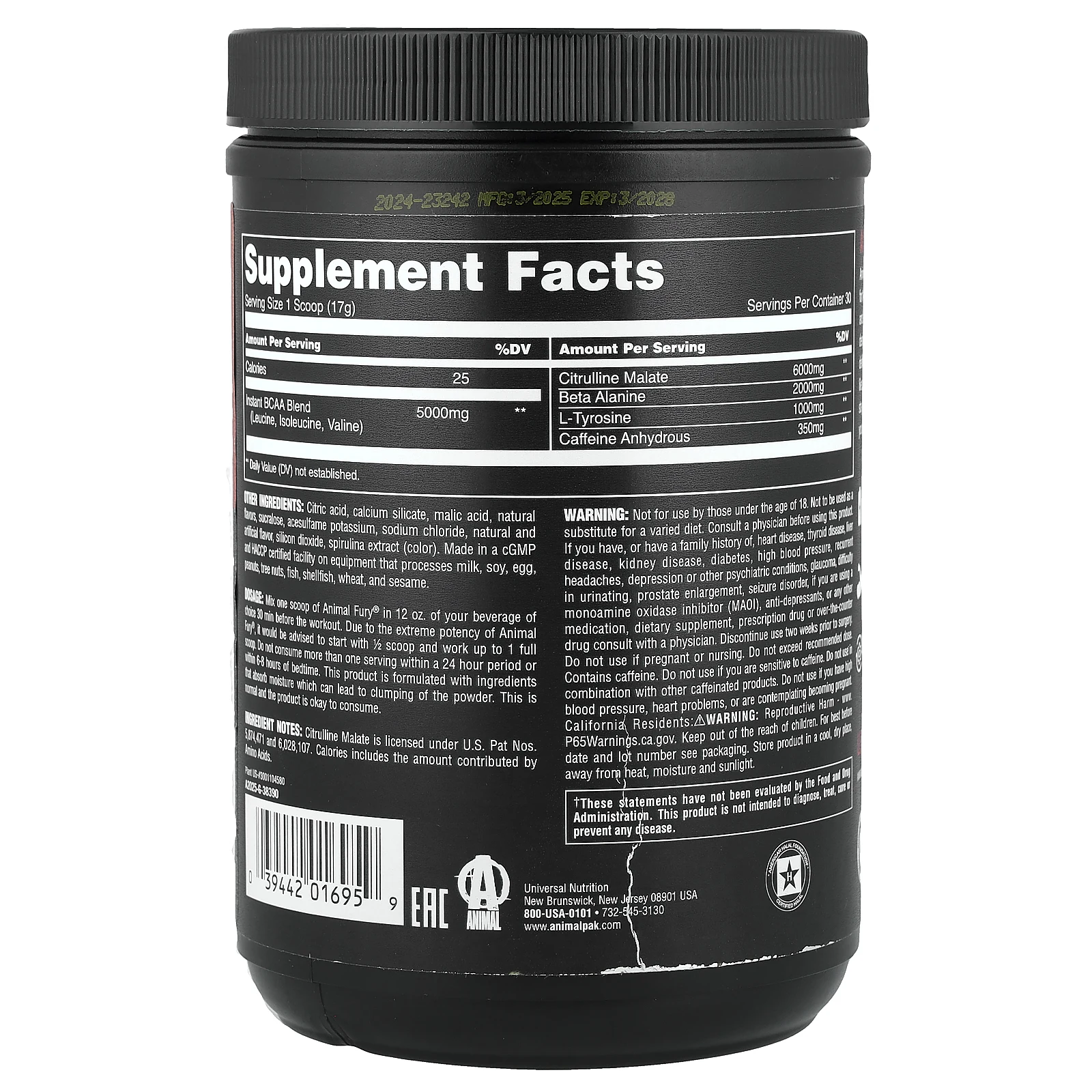 Animal, Fury® Essentials, предтренировочный комплекс, киви и лайм, 510 г (17,98 унции)