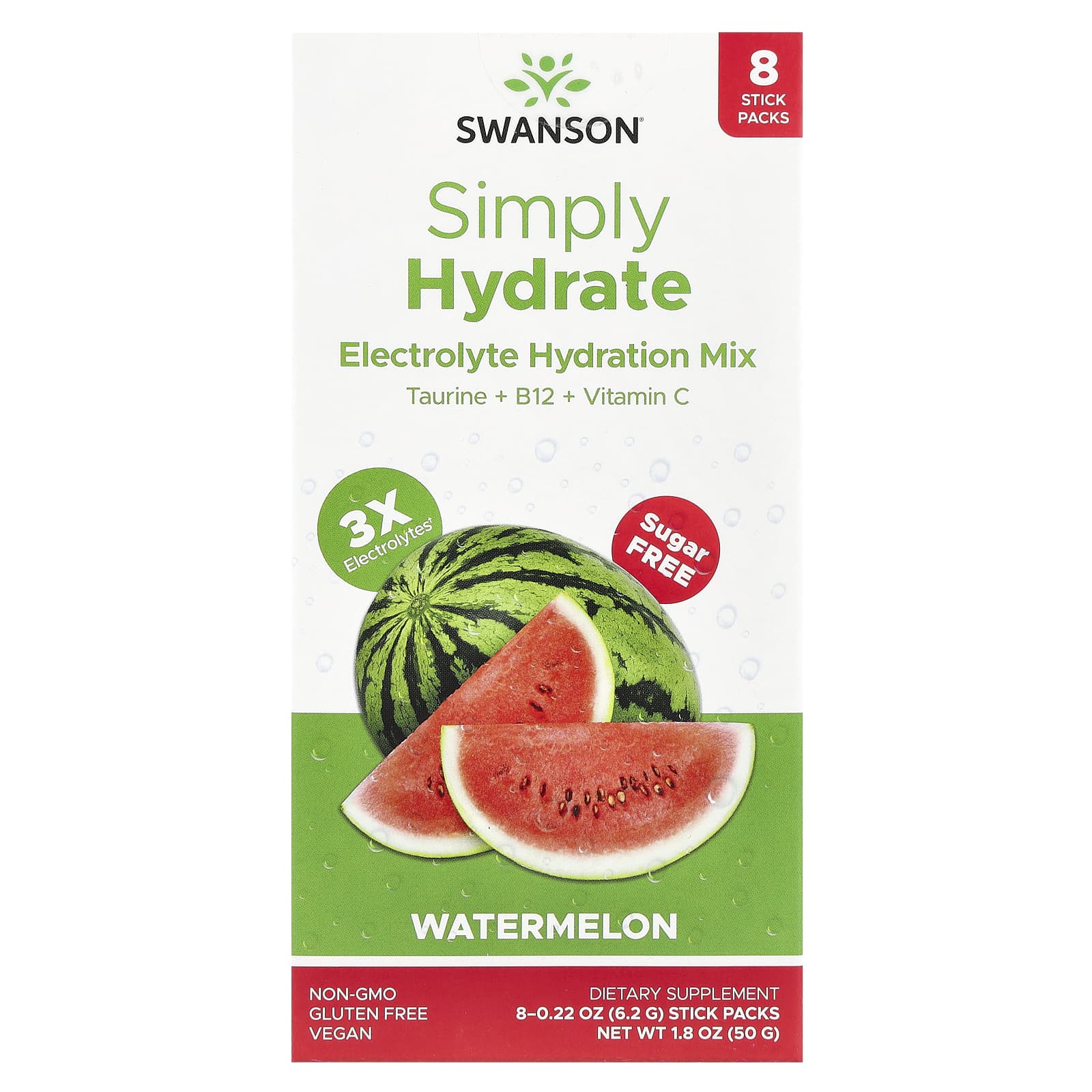 Swanson, Simply Hydrate, смесь электролитов для гидратации, арбуз, 8 стик-пакетов по 6,2 г (0,22 унции)