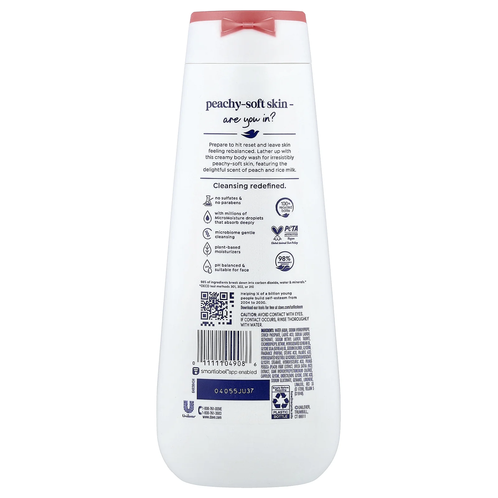 Dove, гель для душа, Rebalance, белый персик и рисовое молоко, 20 жидк. унций