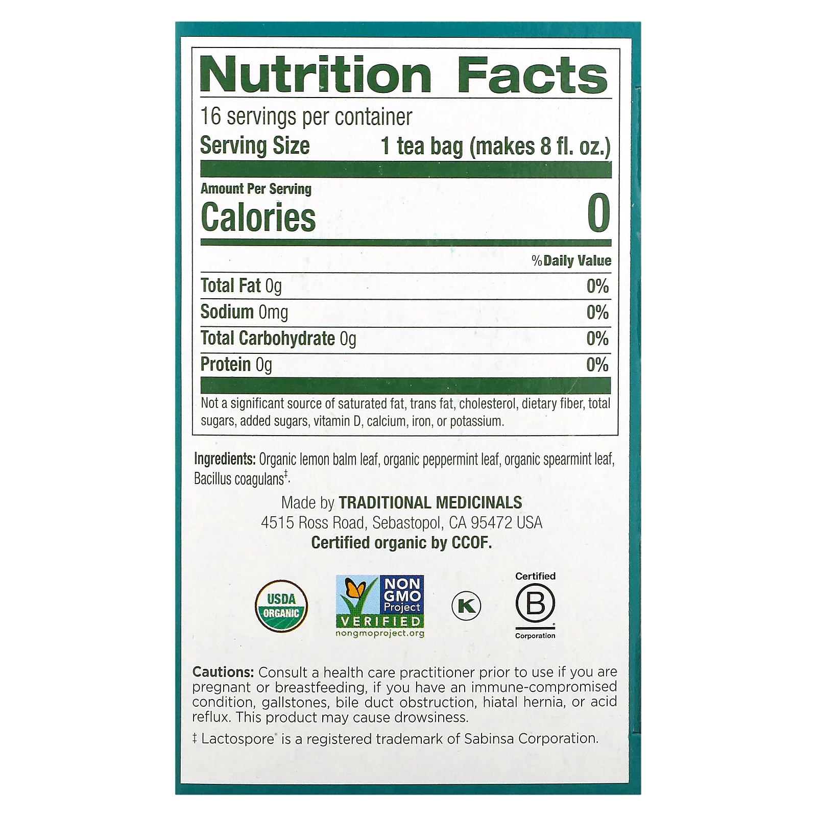 Traditional Medicinals, пробиотик и органическая перечная мята, без кофеина, 16 чайных пакетиков, 24 г (0,85 унции)