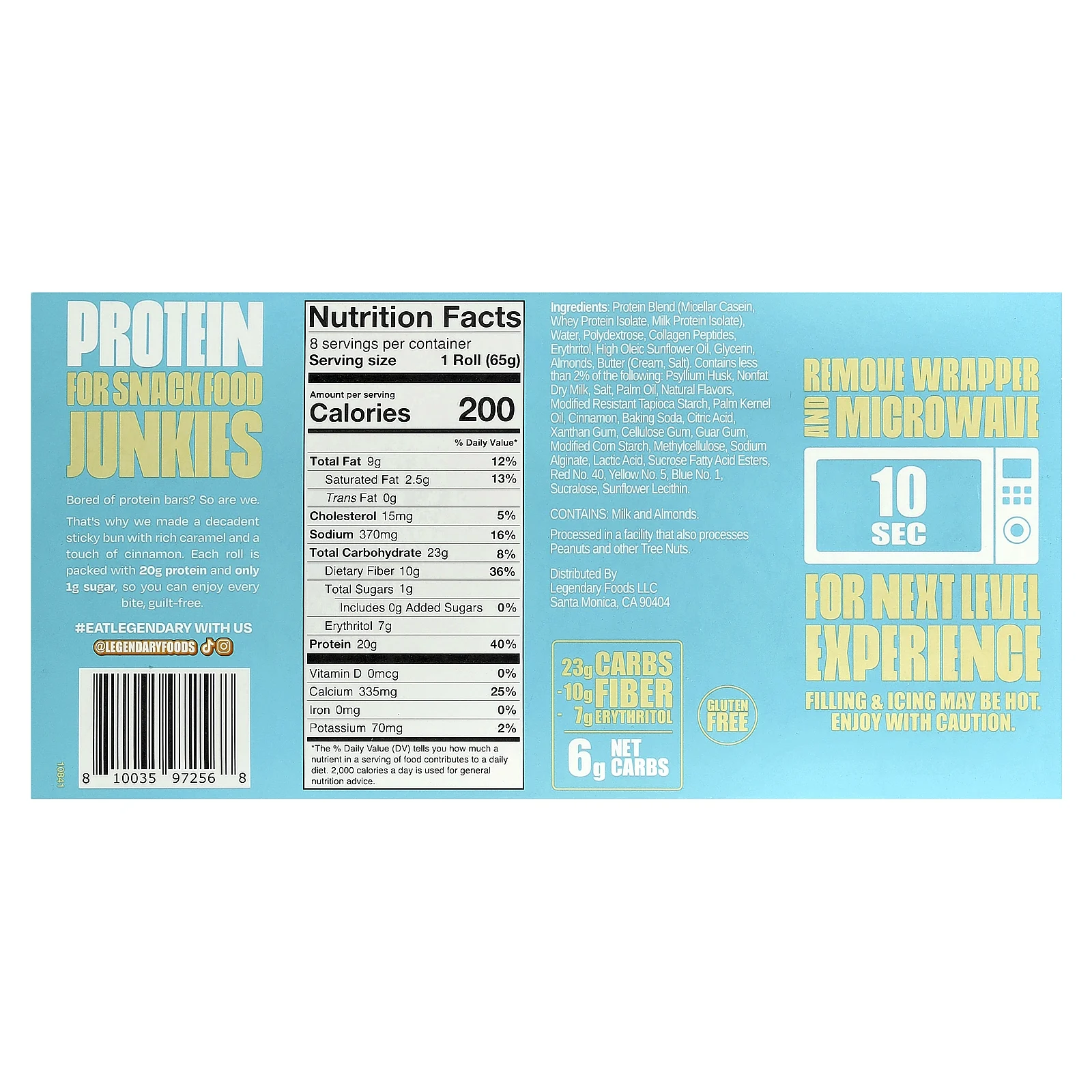 Legendary Foods, протеиновая булочка, липкая булочка с карамелью, 8 шт. по 65 г (2,3 унции)