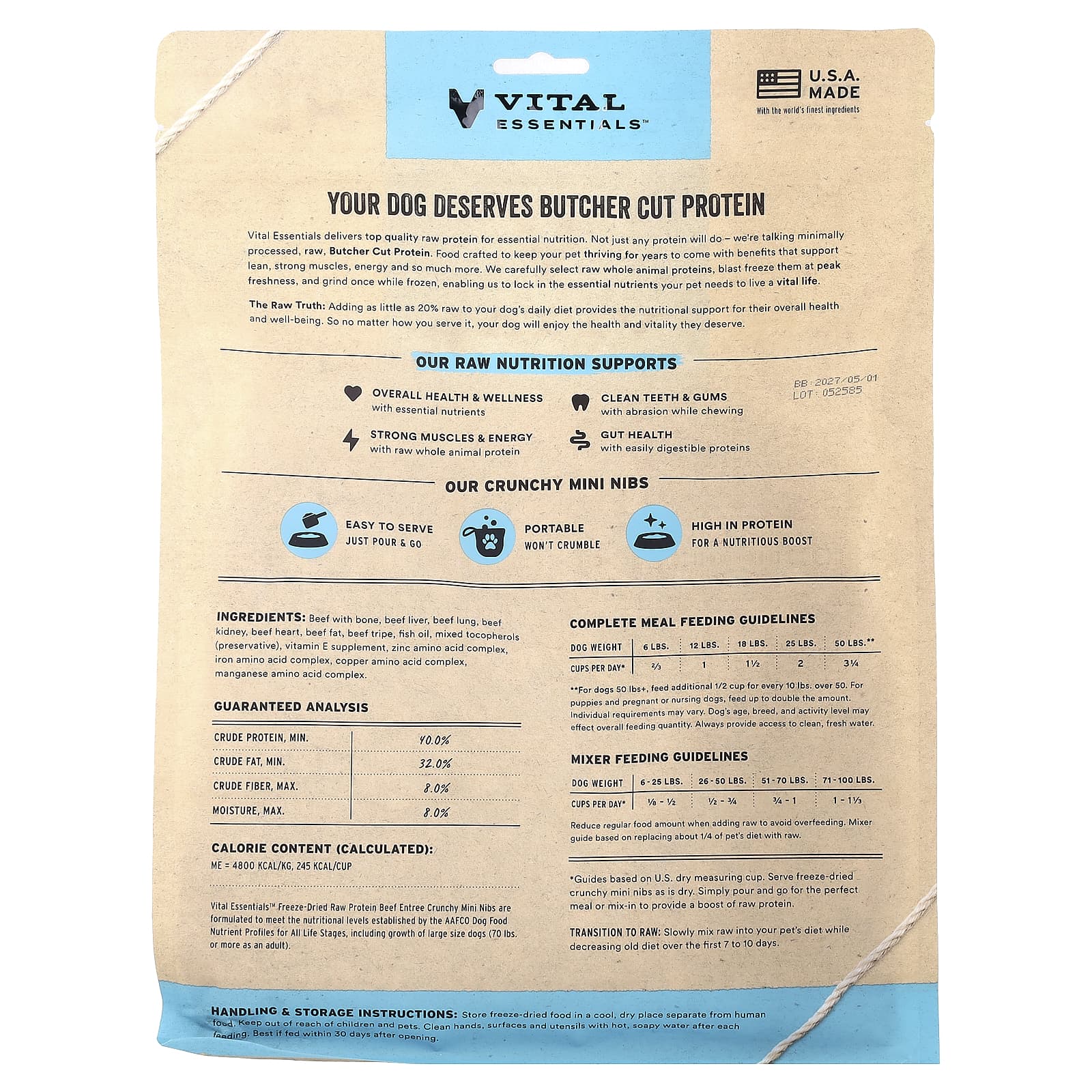 Vital Essentials, сублимированный сырой протеин, хрустящие мини-бобы, для собак, говяжий вкус, 708,7 г (25 унций)