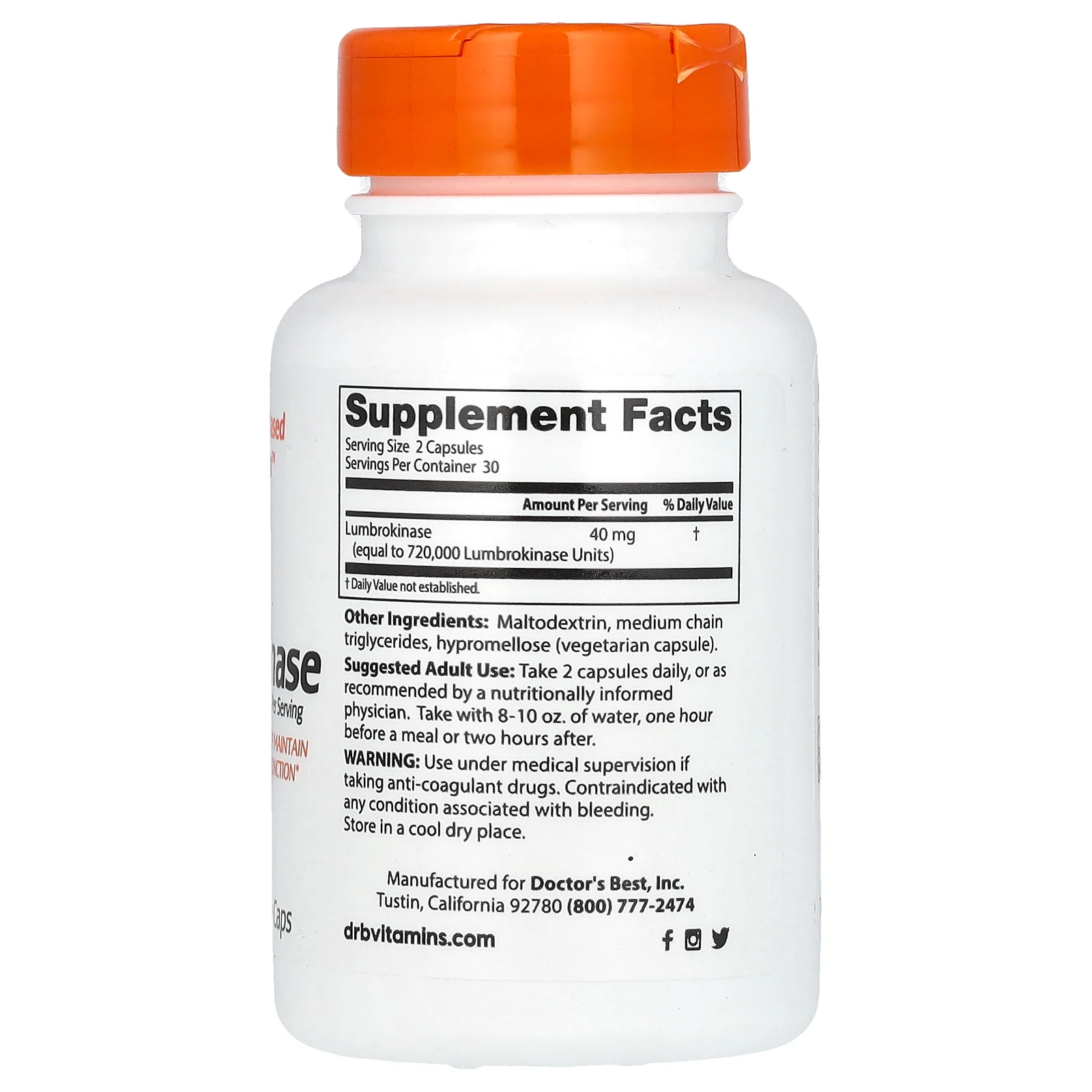 Doctor's Best, люмброкиназа, 40 мг, 60 растительных капсул (20 мг в 1 капсуле)