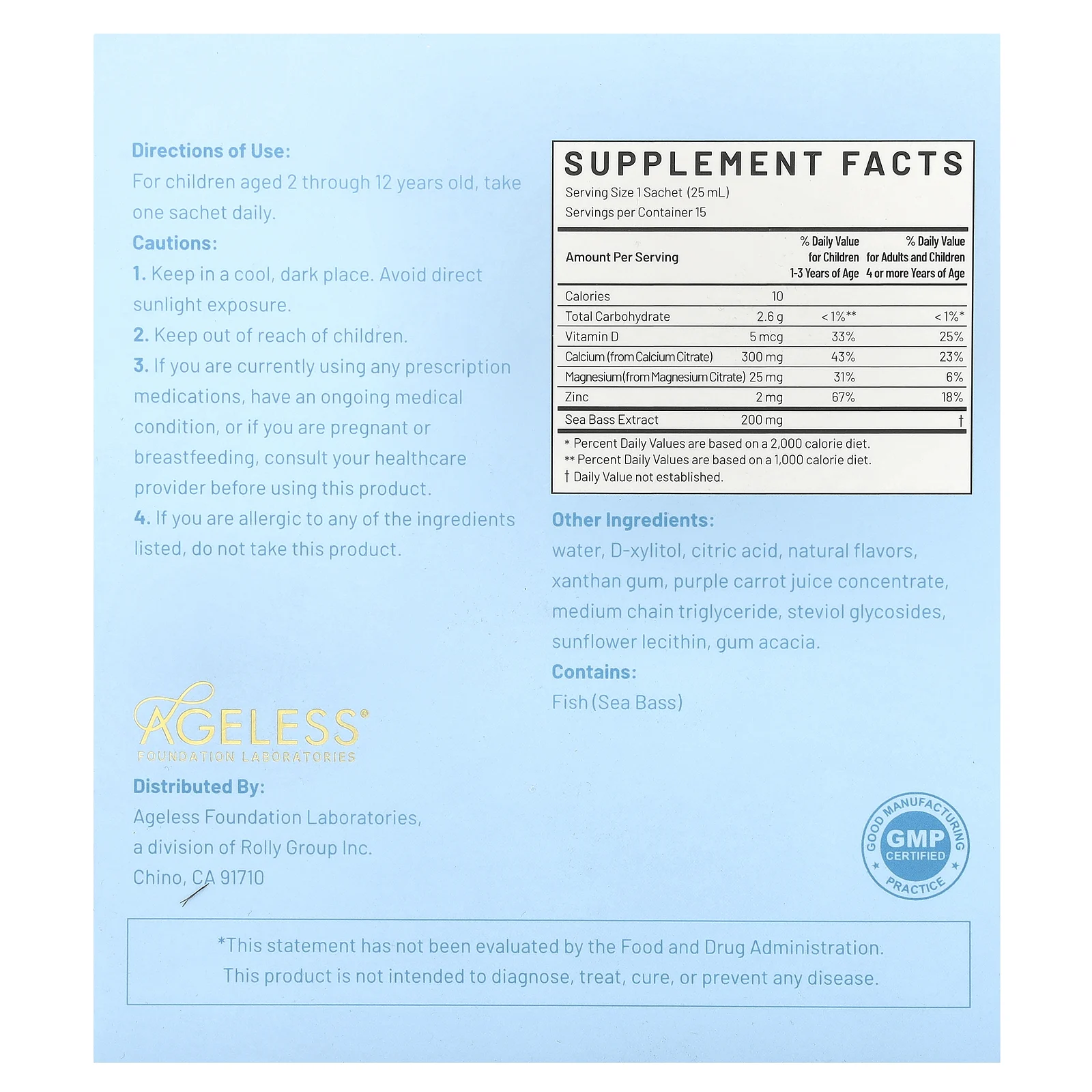 Ageless Foundation Laboratories, Детский жидкий кальций, 15 пакетиков по 25 мл (0,85 жидк. Унции)