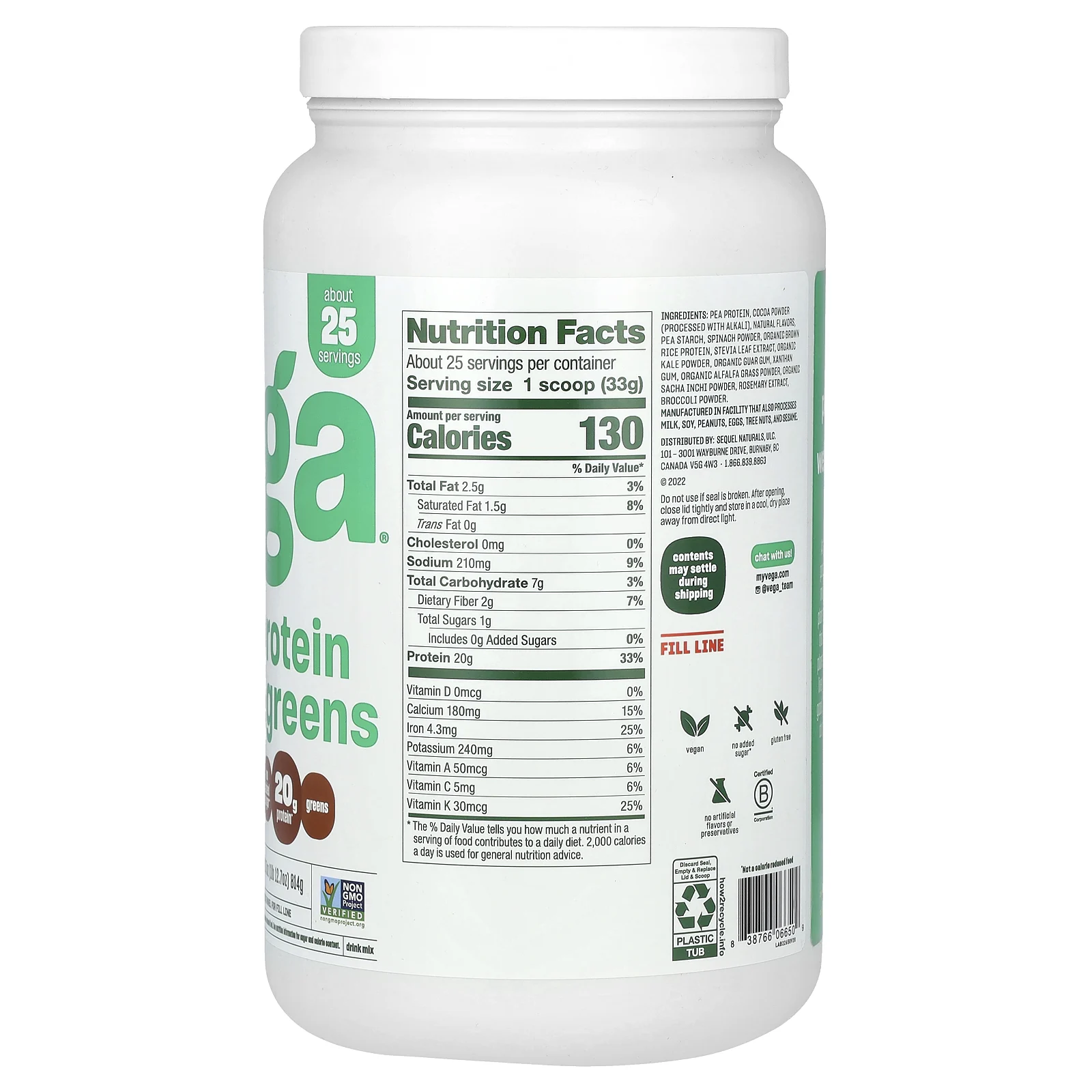 Vega, растительный протеин и зелень, со вкусом шоколада, 814 г (1 фунт, 12,7 унции)