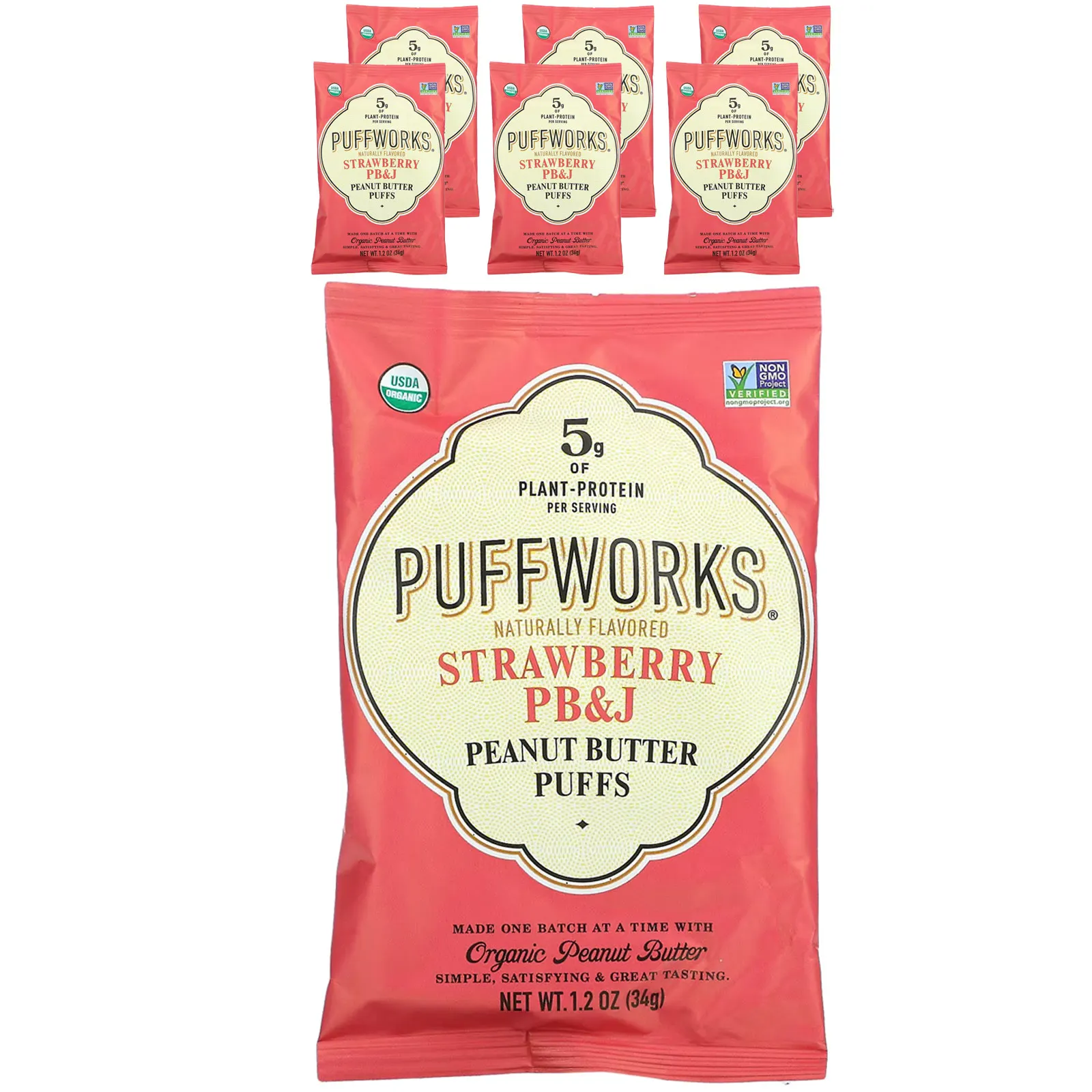 Puffworks, Арахисовая паста, клубника, PB&J, 6 пакетиков по 34 г (1,2 унции)