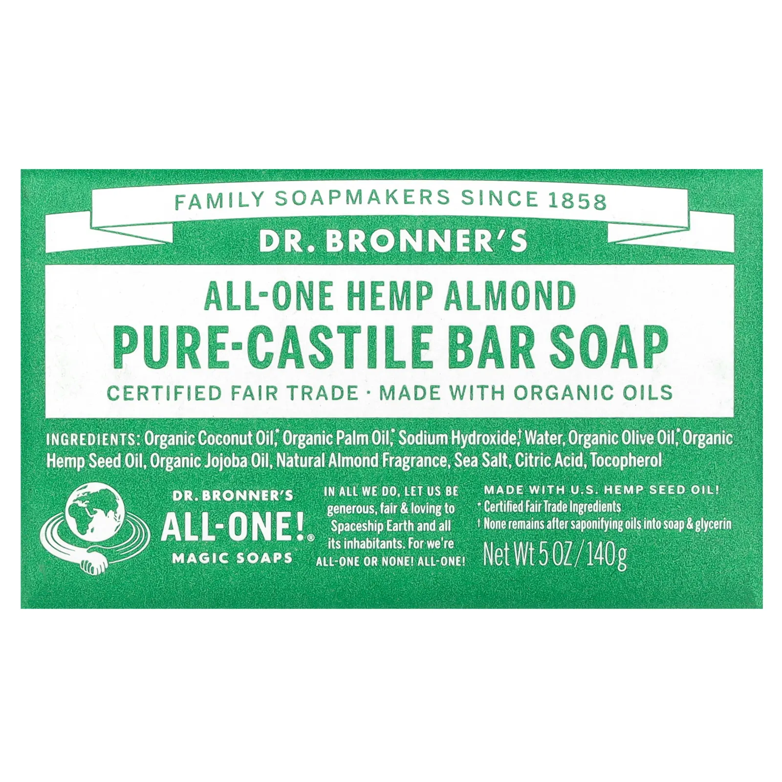 Dr. Bronner's, Кусковое мыло Pure-Castile, All-One, конопля и миндаль, 140 г (5 унций)