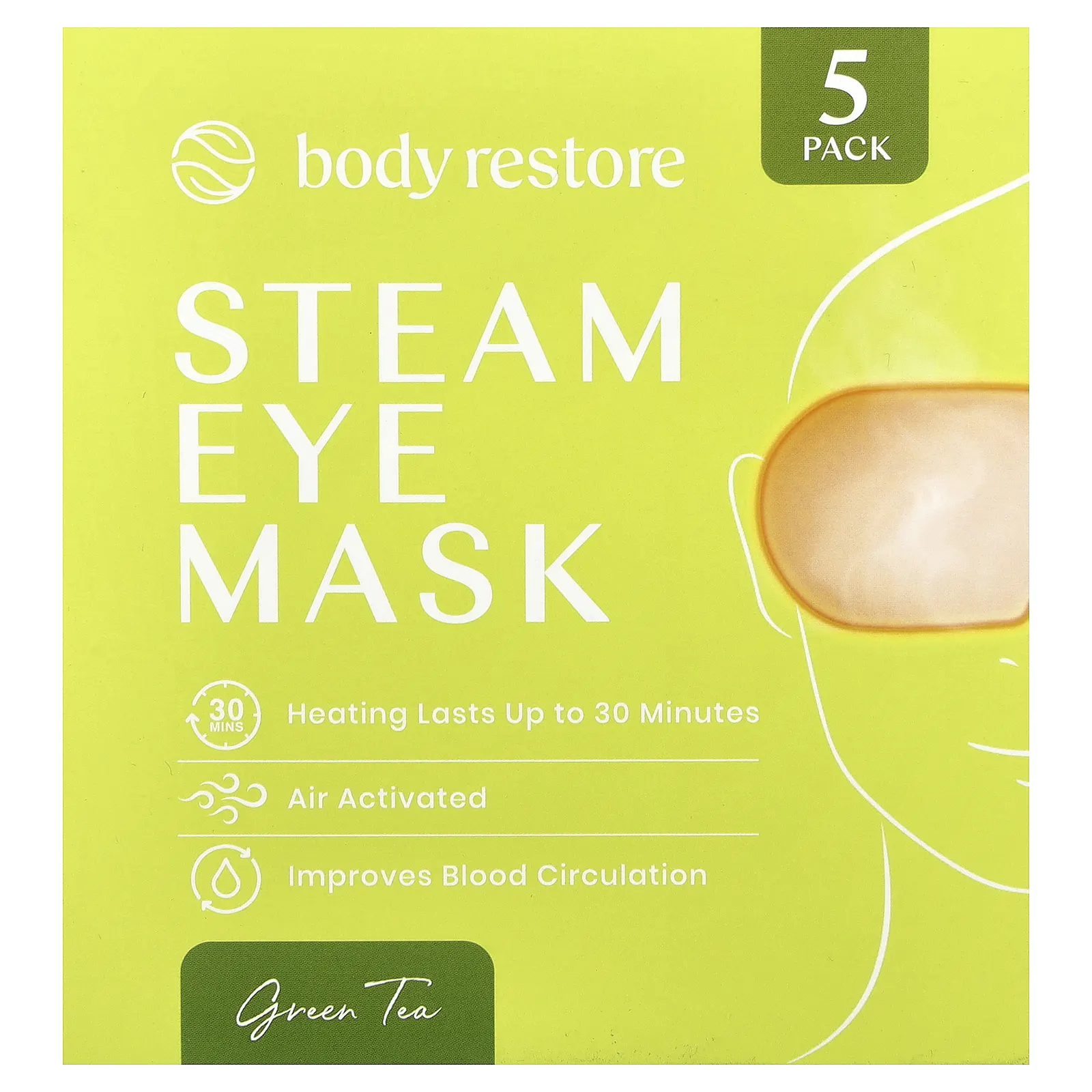 Body Restore, паровая маска для глаз, зеленый чай, 5 упаковок