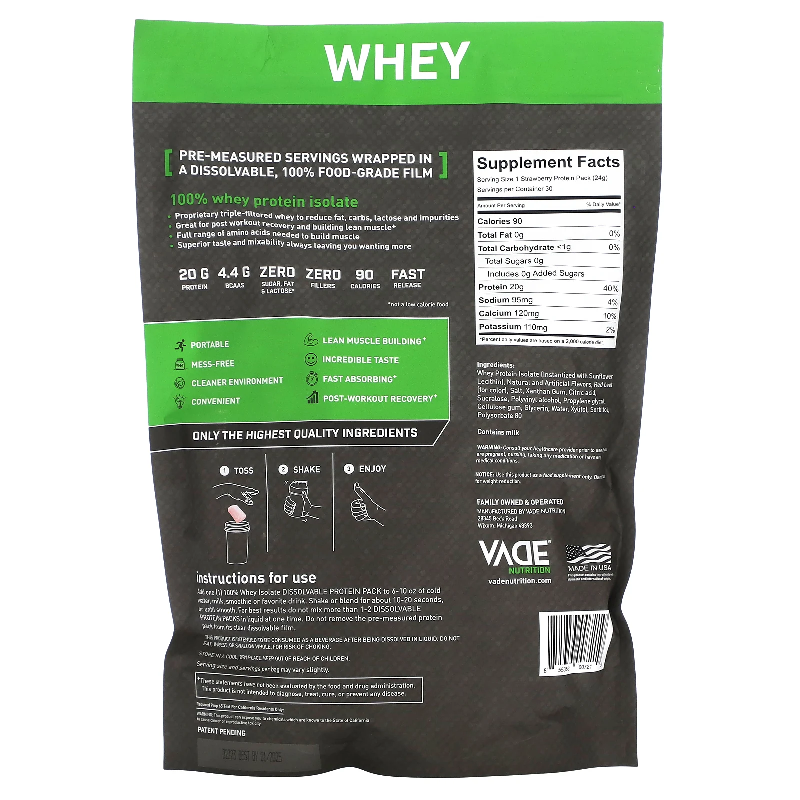 Vade Nutrition, растворимый протеин в пакетиках, 100% сывороточный изолят, клубничный молочный коктейль, 720 г (1,6 фунта)