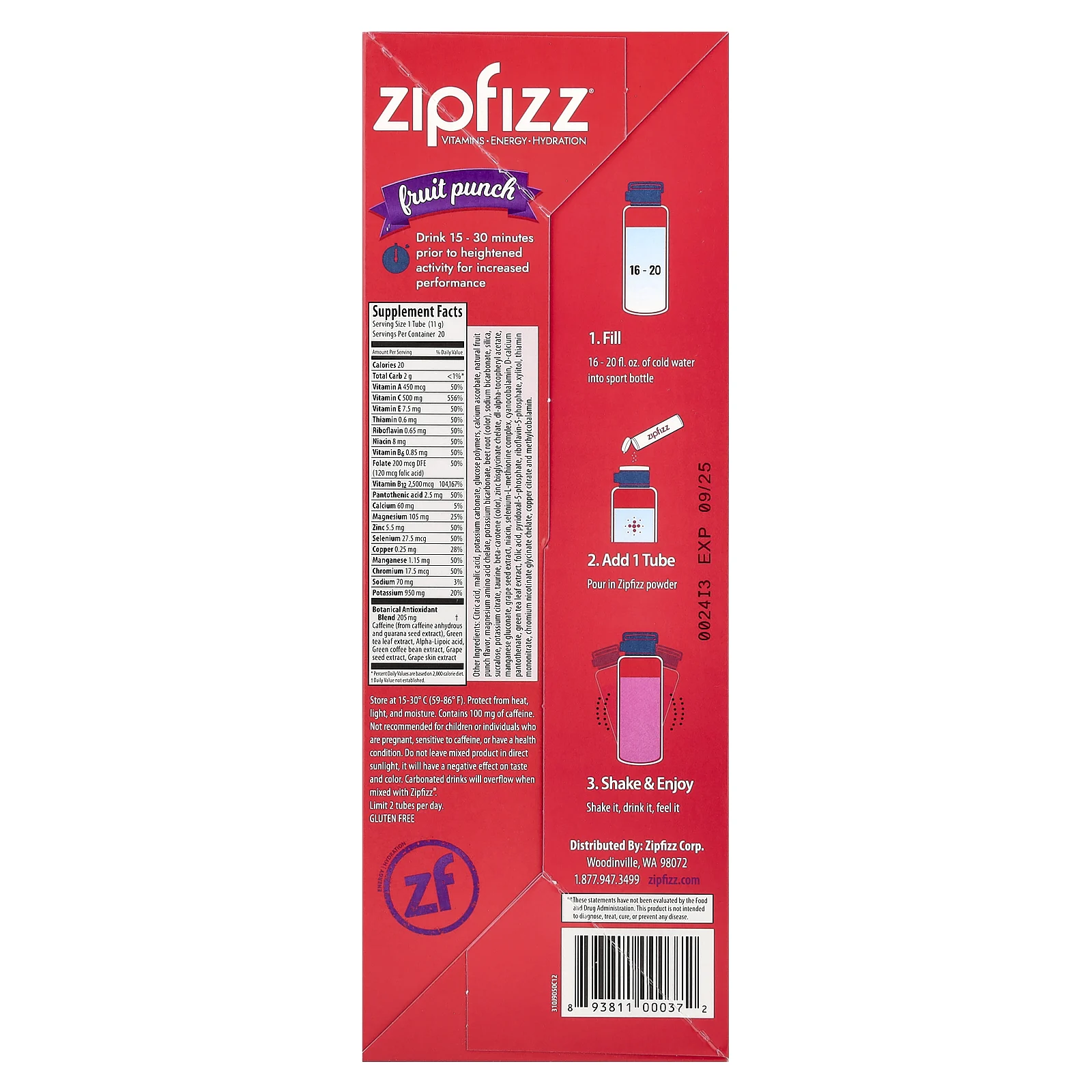 Zipfizz, Энергетическая смесь для здоровых видов спорта с витамином B12, фруктовый пунш, 20 тюбиков по 11 г (0,39 унции)