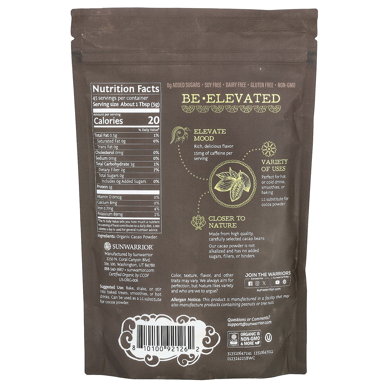 Sunwarrior, Be Well, органическое какао, 225 г (7,9 унции)