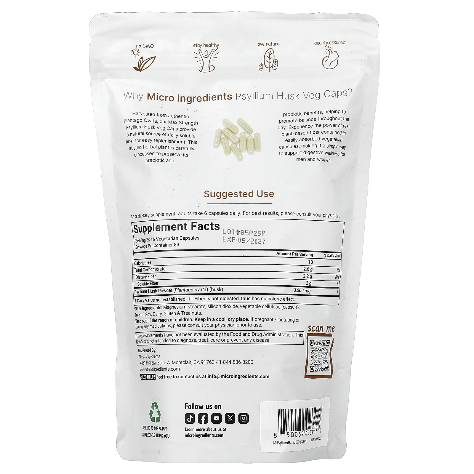 Micro Ingredients, оболочка семян подорожника в растительных капсулах, 500 вегетарианских капсул (500 мг в 1 капсуле)