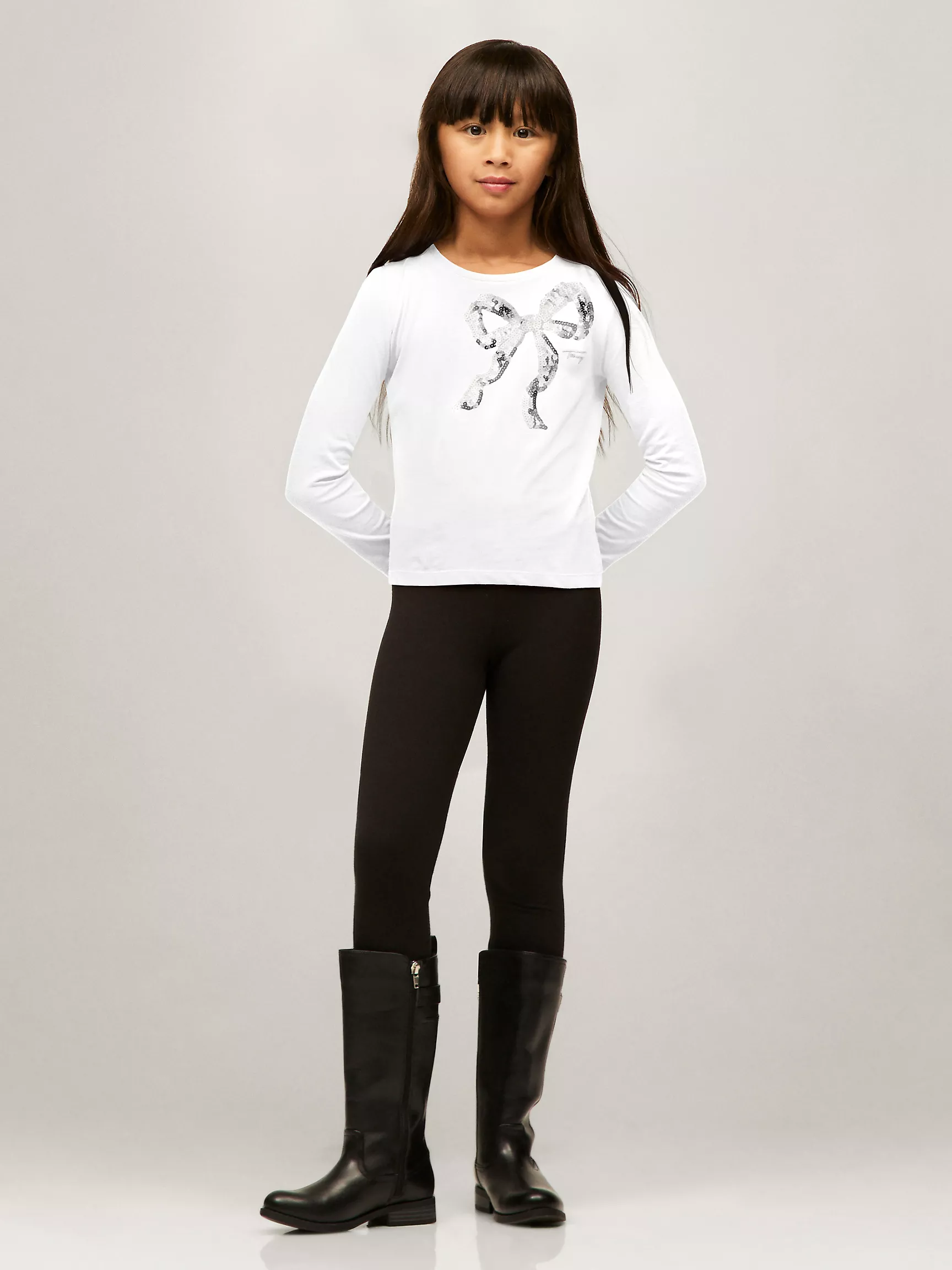 Футболка для девочек Tommy Hilfiger, Детская футболка с длинным рукавом и пайетками в виде банта