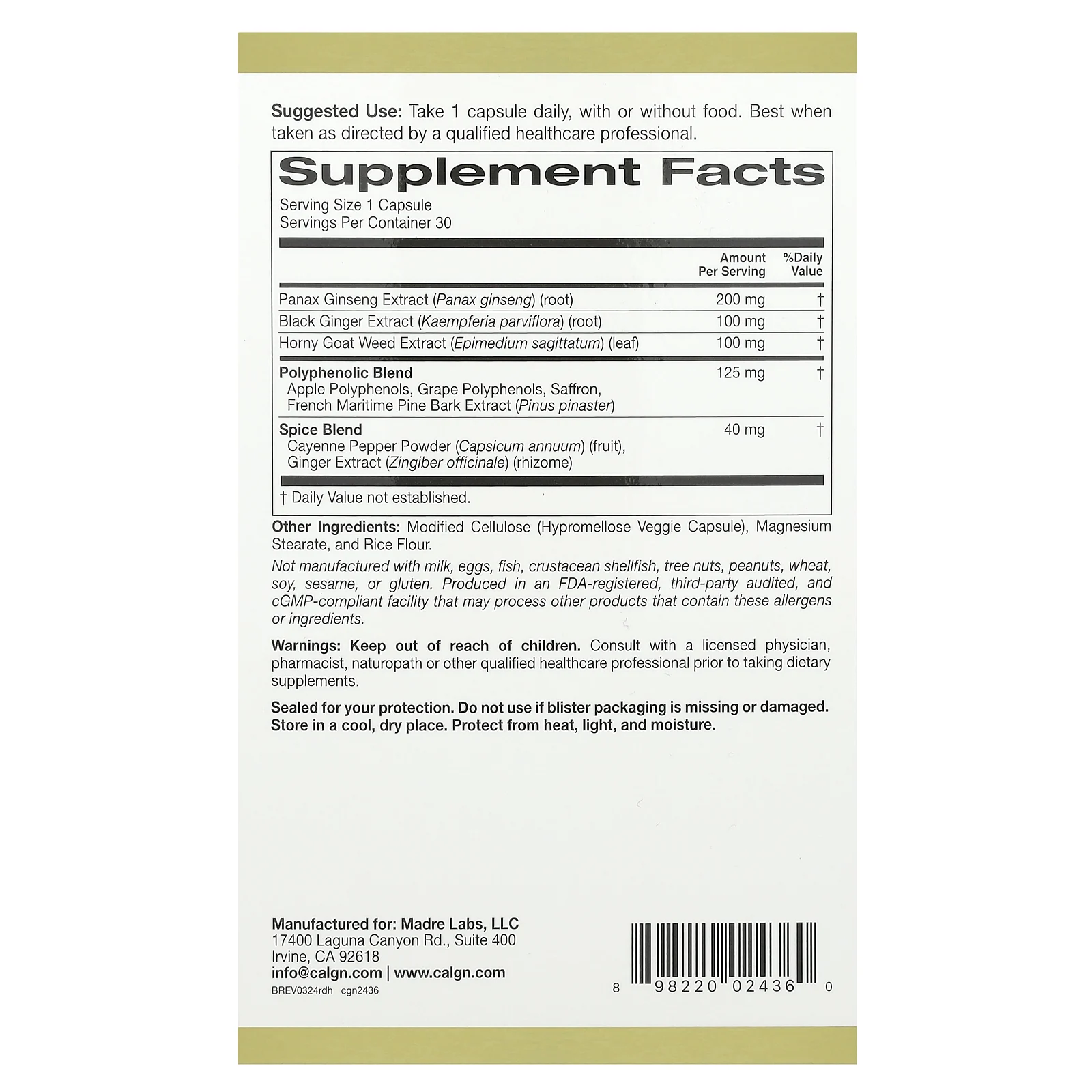 California Gold Nutrition, Мужская травяная формула Rexdrive ™ с экстрактами женьшеня обыкновенного, черного имбиря и ороговевших коз, а также растительными смесями, 30 растительных капсул