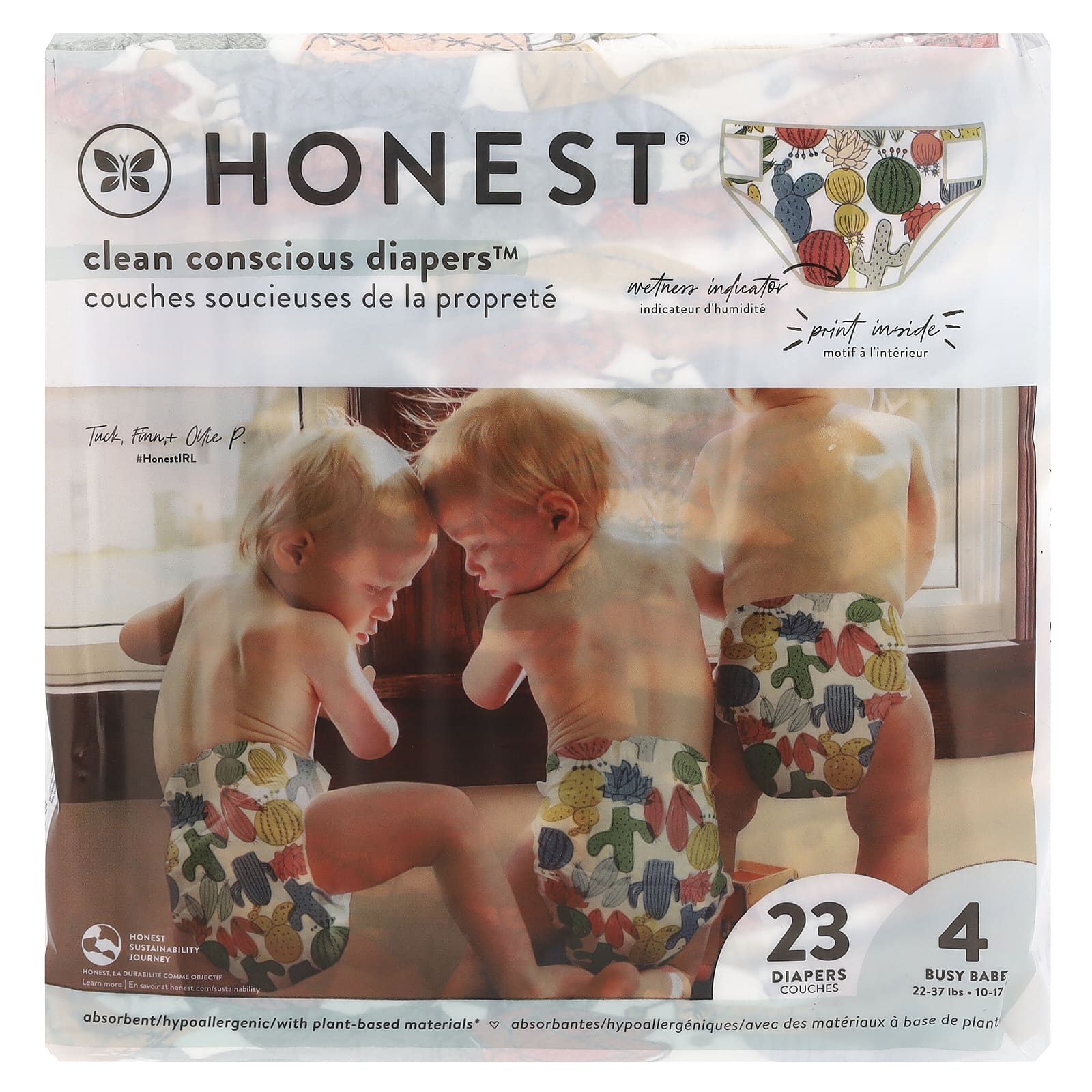 The Honest Company, Honest, подгузники, размер 4, 10–16,7 кг (22–37 фунтов), кактус, 23 подгузника