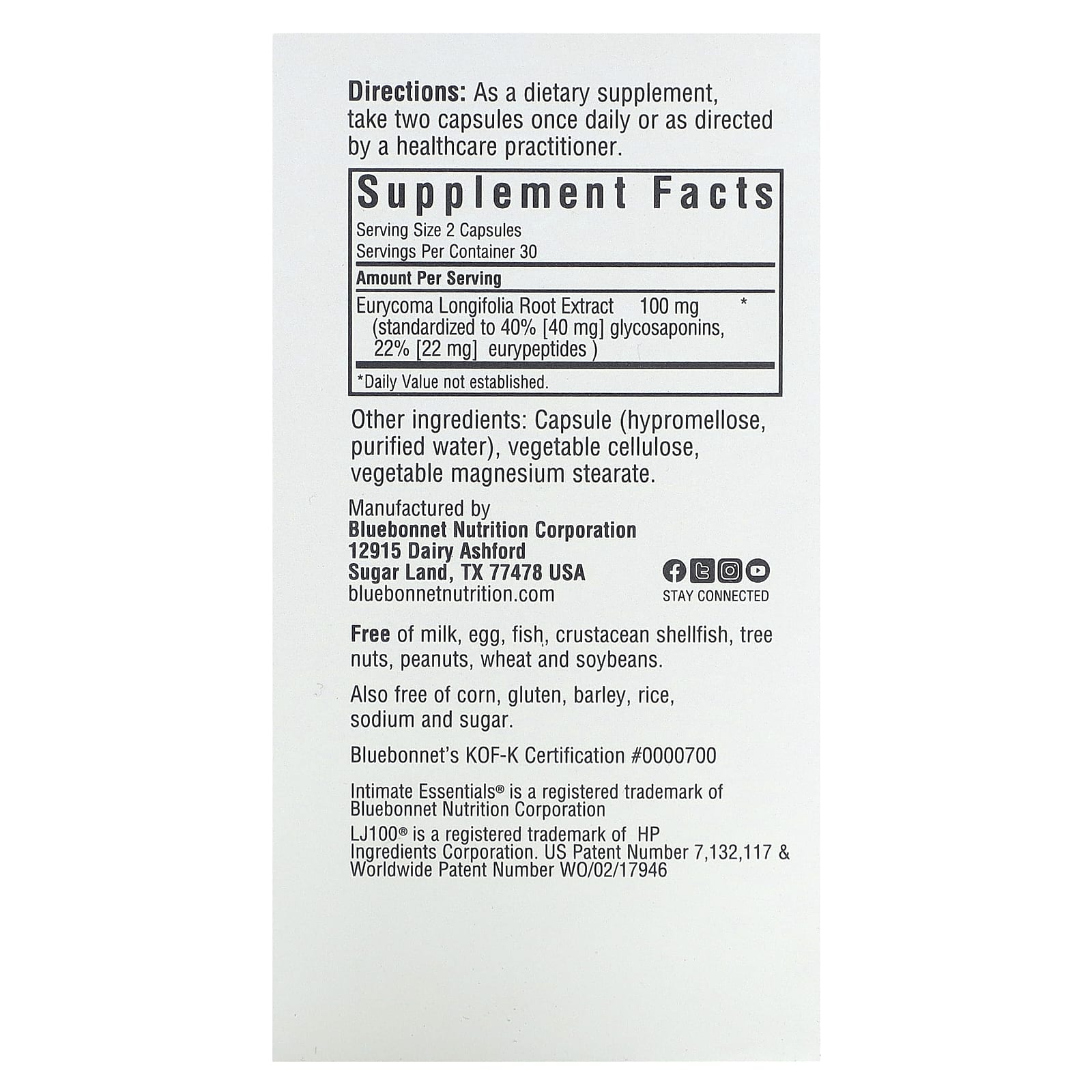 Bluebonnet Nutrition, Intimate Essentials, Lj100, 60 вегетарианских капсул