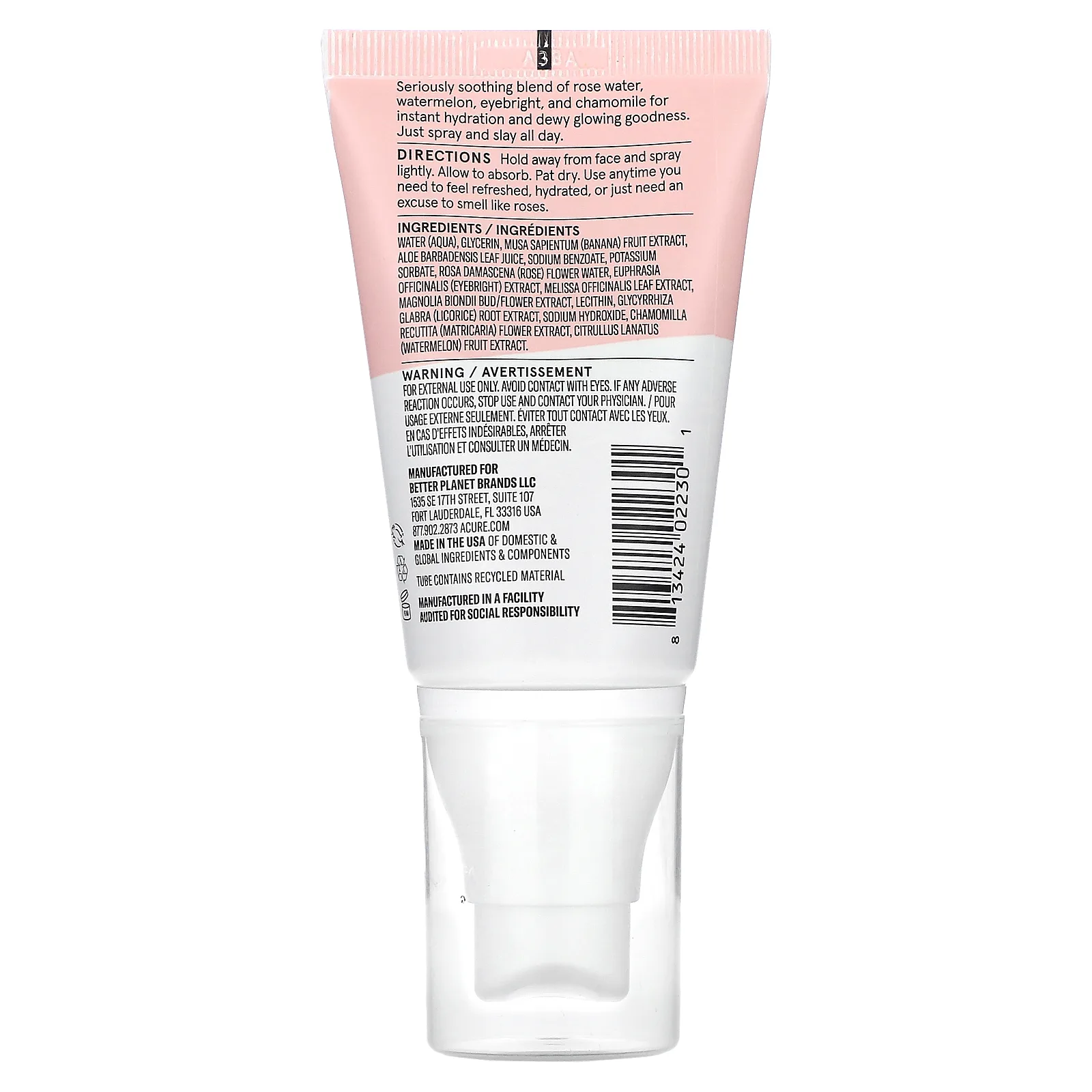 ACURE, Seriously Soothing, сверхтонкий спрей с розовой водой и арбузом, 59 мл (2 жидк. Унции)