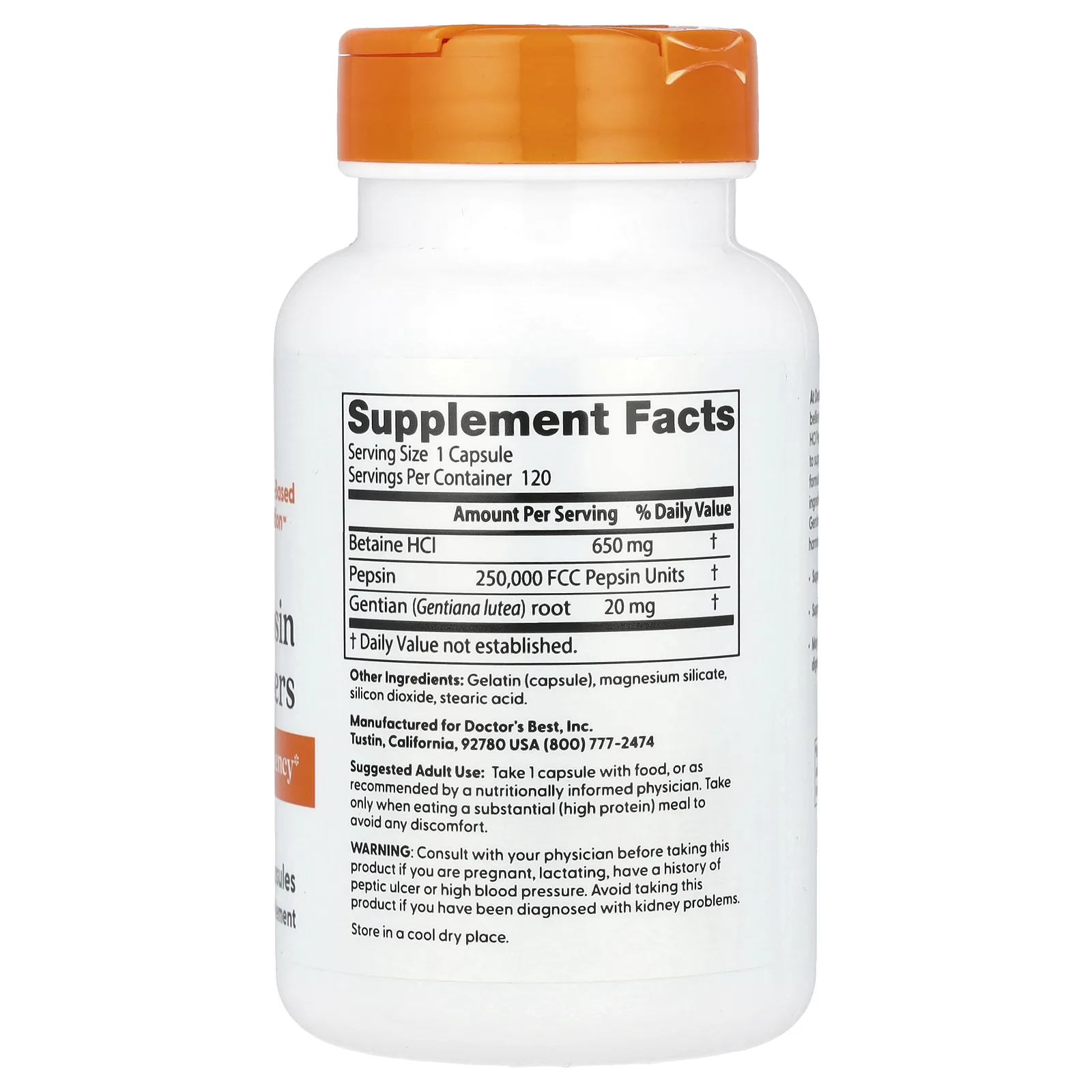 Doctor's Best, горькая настойка из бетаингидрохлорида, пепсина и горечавки, 120 капсул