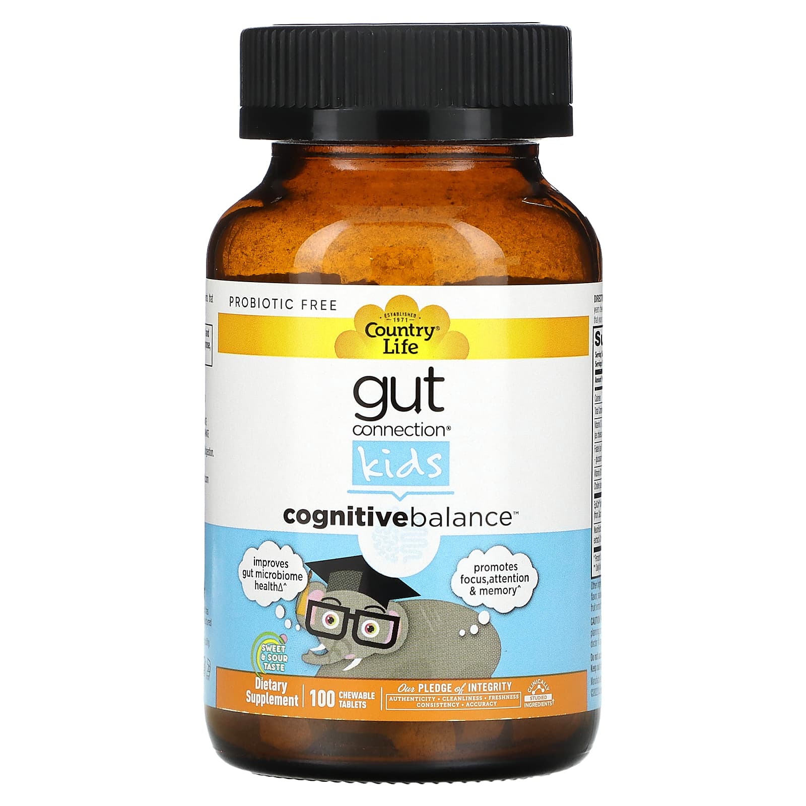 Country Life, Gut Connection, Cognitive Balance, для детей, средство для когнитивного баланса, кисло-сладкий вкус, 100 жевательных таблеток