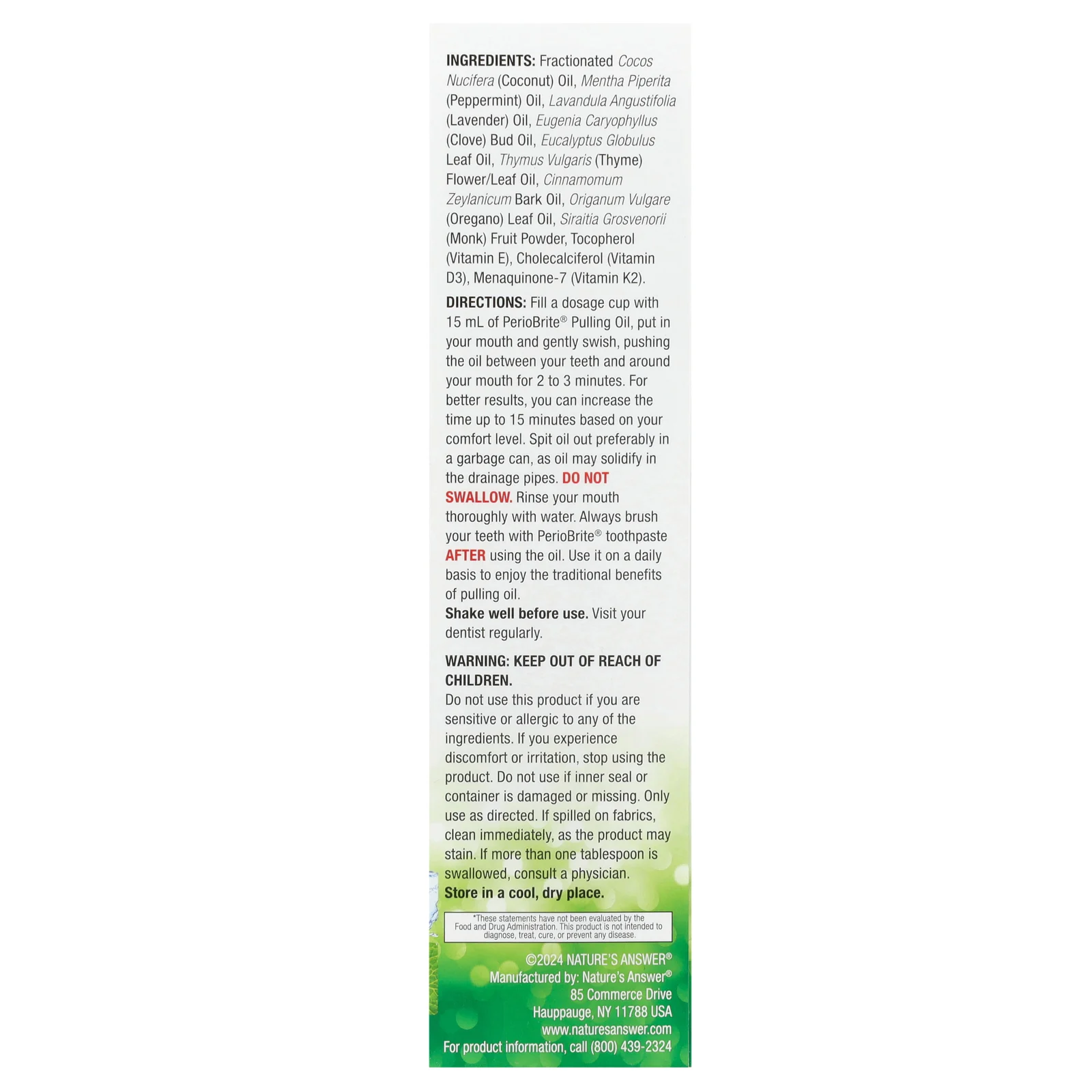 Nature's Answer, PerioBrite кокосовое масло для вытягивания со скребком для зубов и языка, холодная мята, 240 мл (8 жидк. Унций)
