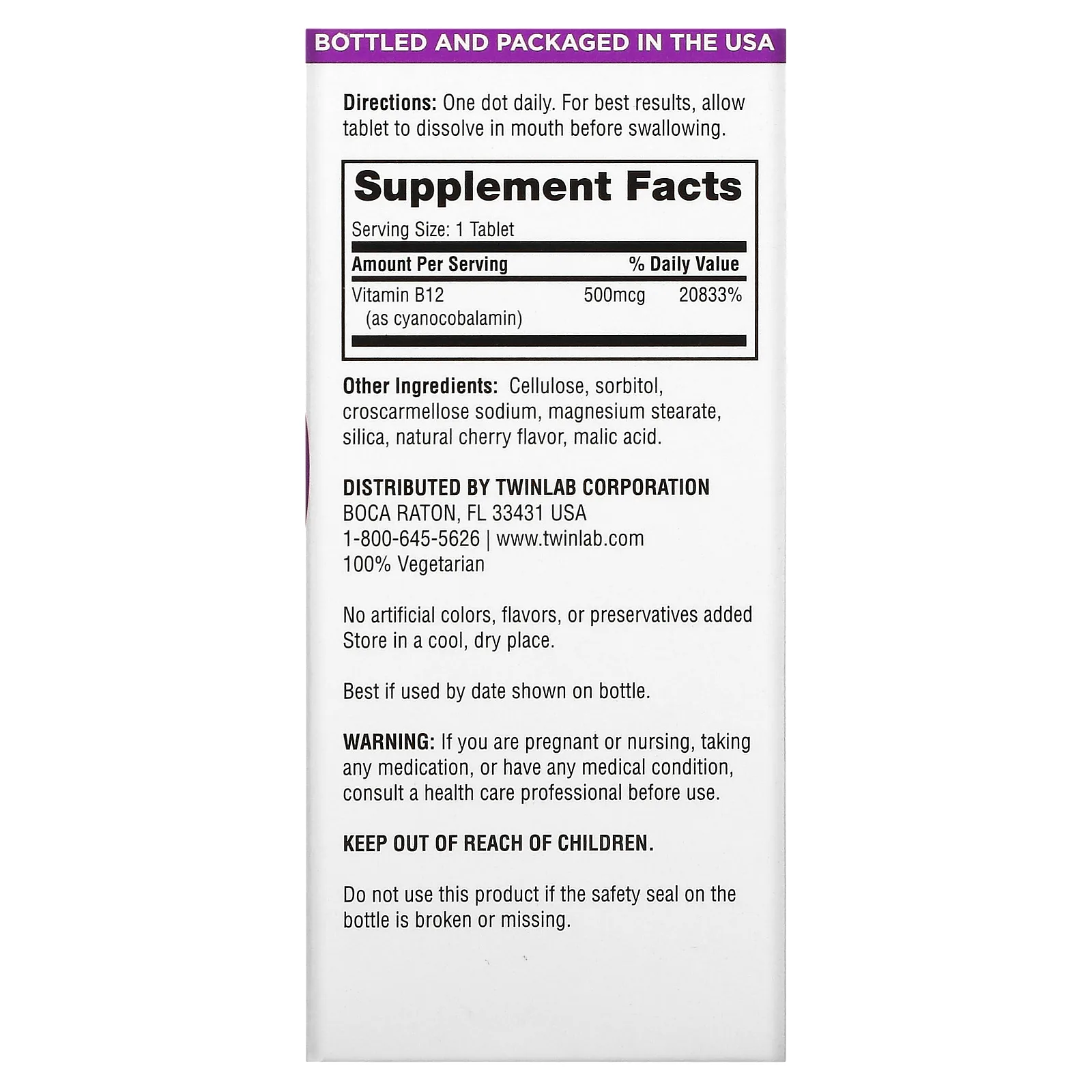 Twinlab, B12 Dots, вишня, 500 мкг, 100 таблеток