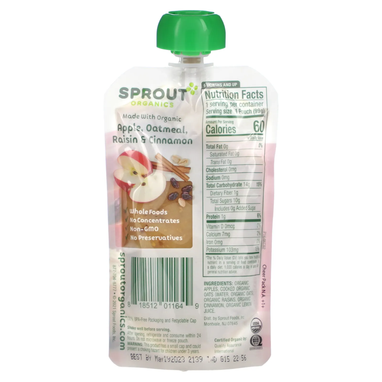 Sprout Organics, Детское питание, от 6 месяцев, яблочно-овсяный изюм с корицей, 99 г (3,5 унции)