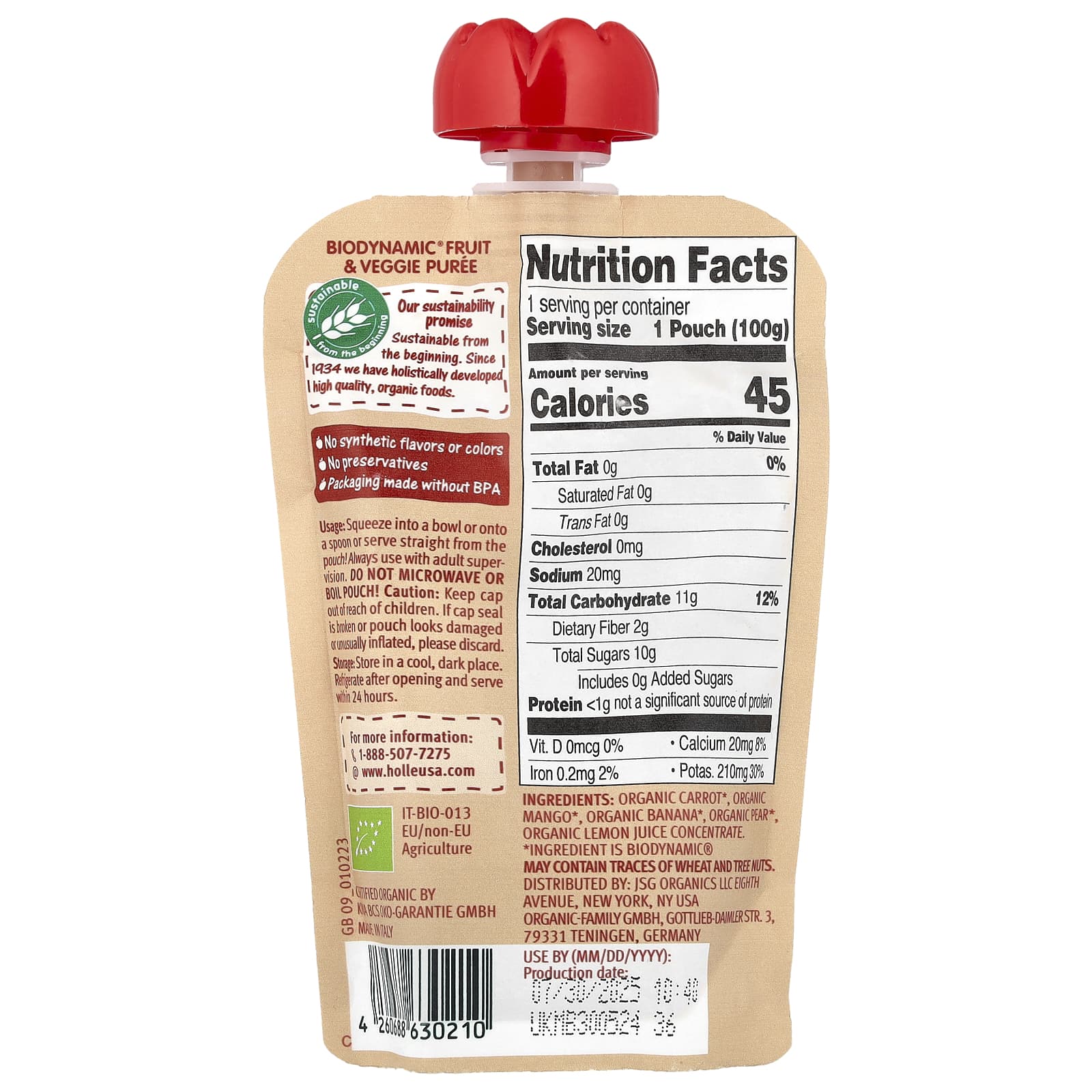 Holle, Органическое фруктовое и овощное пюре, морковь для кошек, от 6 месяцев, морковь, манго, банан и груша, 100 г (3,5 унции)