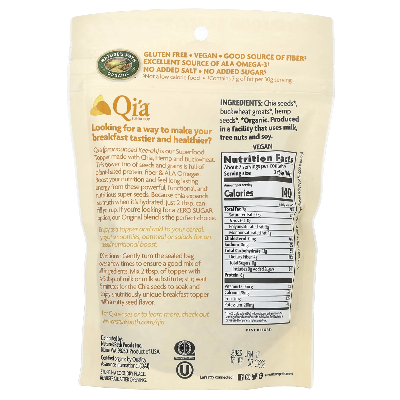 Nature's Path, Organic Qi'a Superfood, чиа, гречка и конопля, оригинальные, 225 г (7,9 унции)