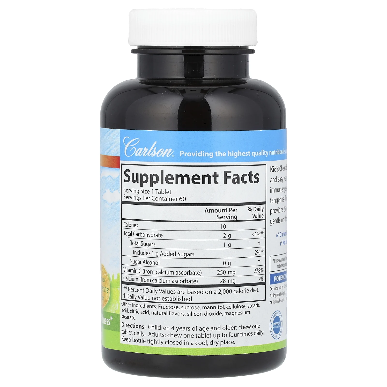 Carlson, Kid's, жевательный витамин C, натуральный мандарин, 250 мг, 60 вегетарианских таблеток