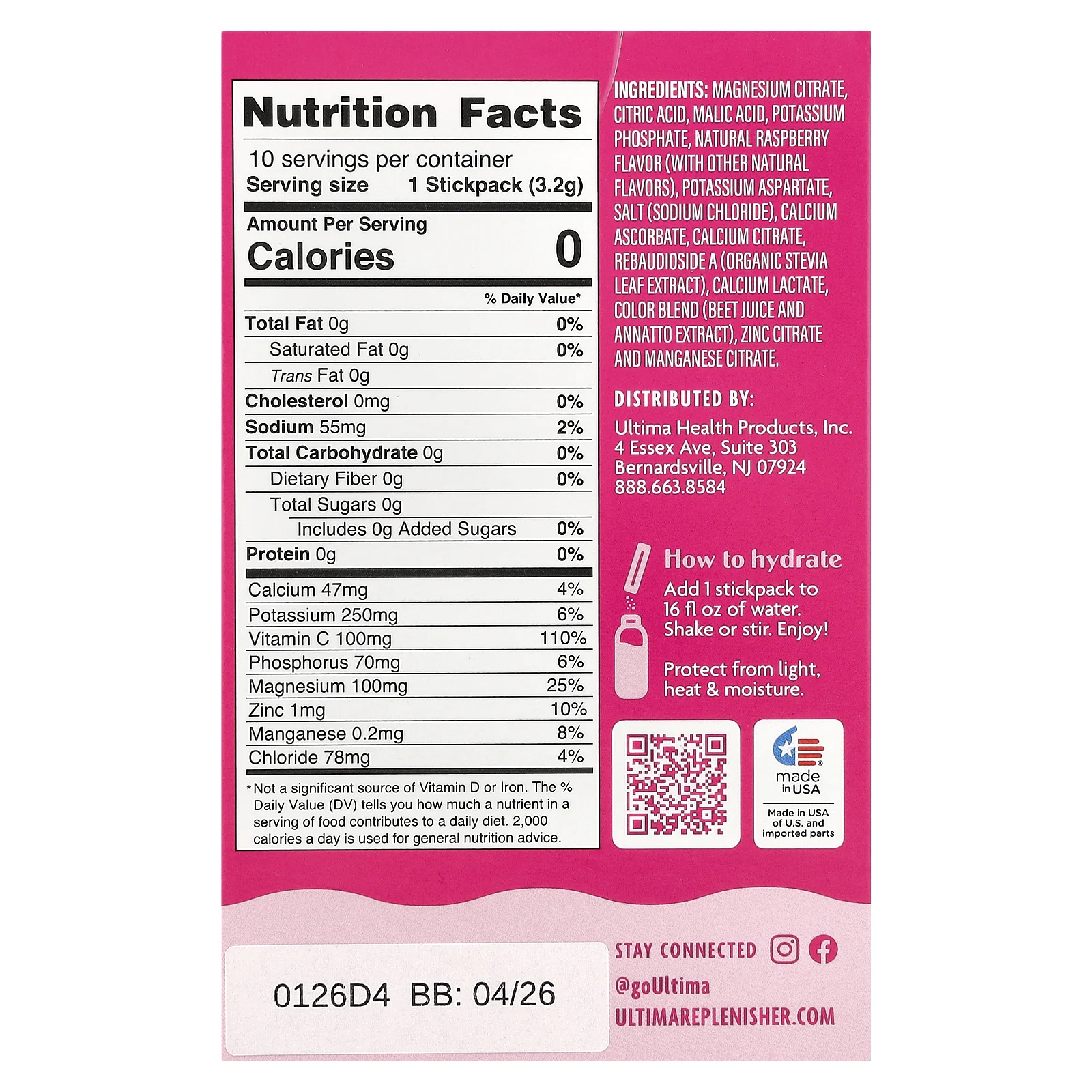 Ultima Replenisher, 6 Essential Electrolytes, ежедневная смесь для приготовления электролитов, малина, 10 пакетиков по 3,2 г (0,11 унции)