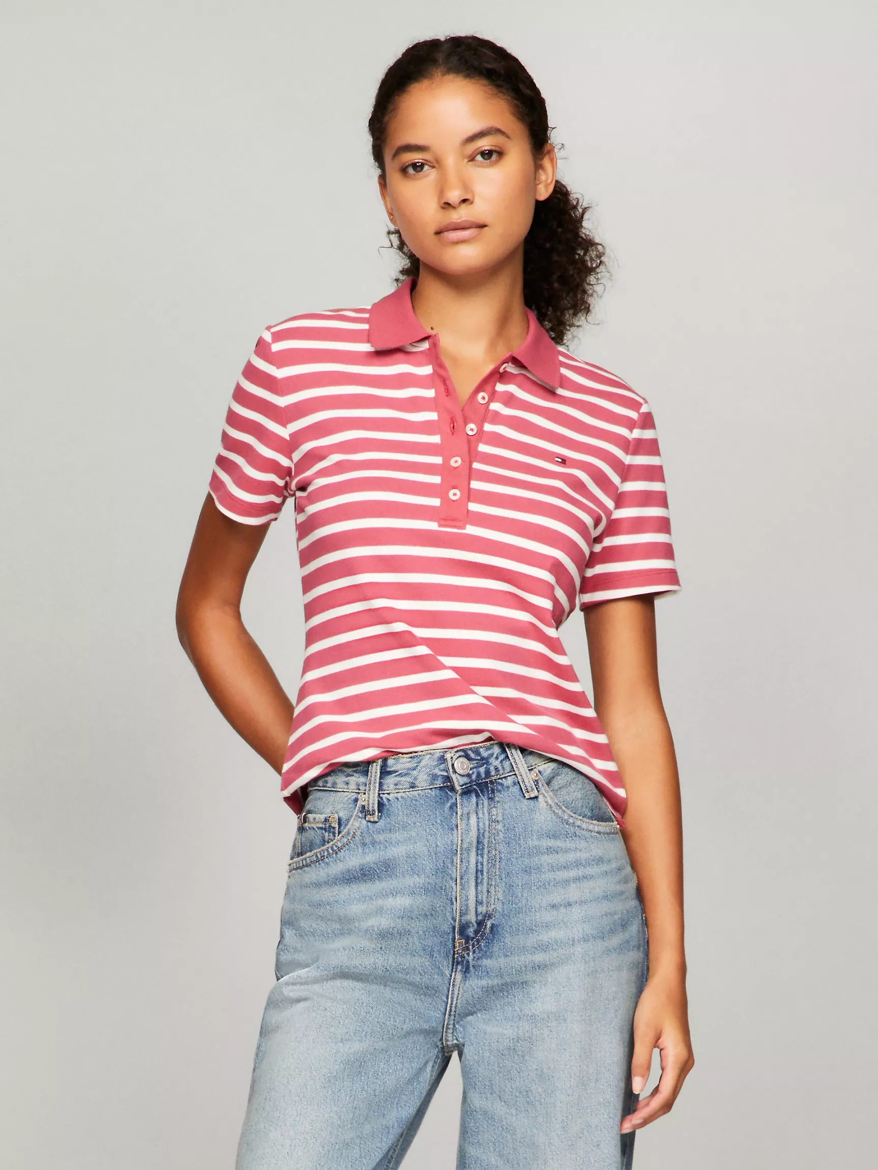 Женское поло Tommy Hilfiger, Приталенное полосатое эластичное хлопковое поло