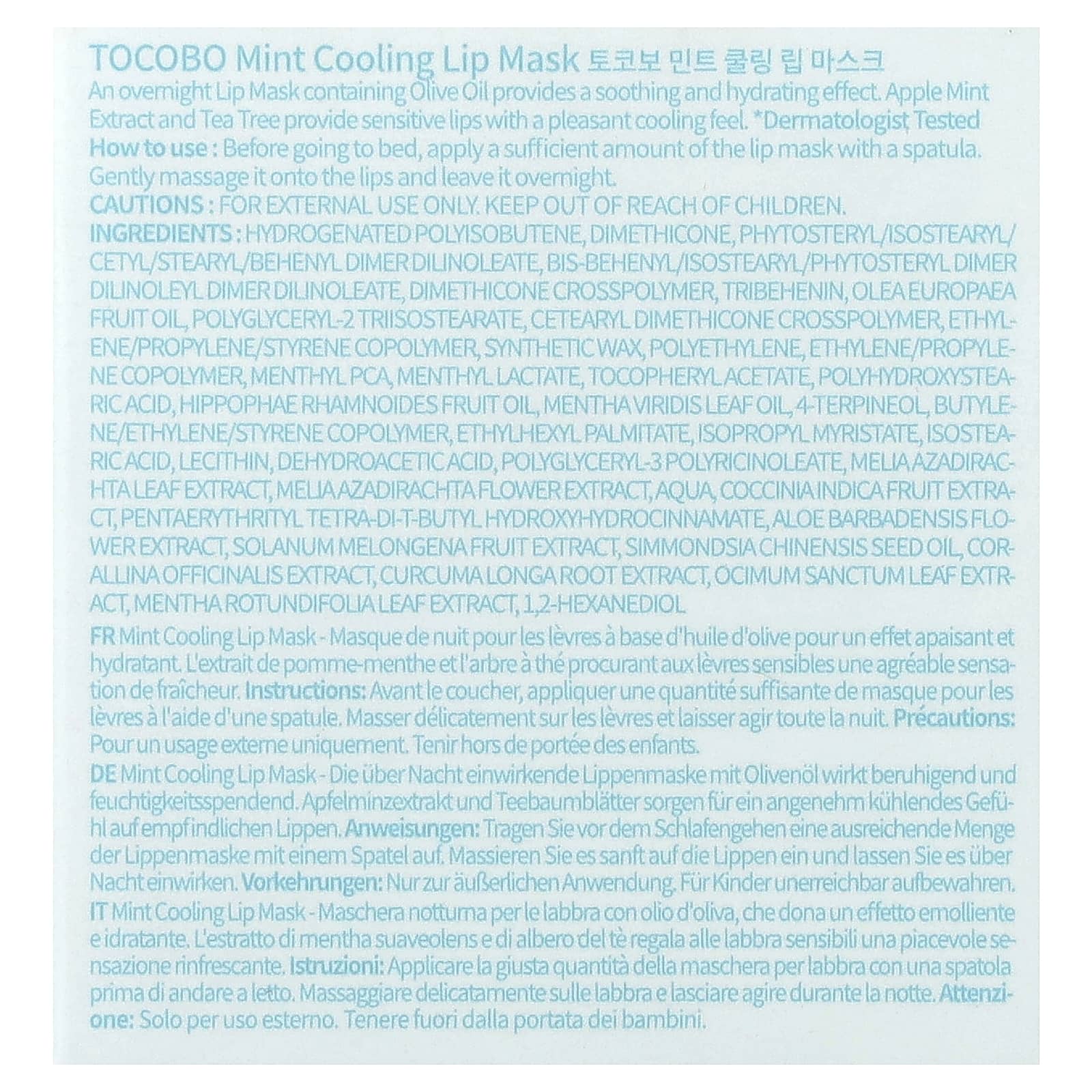 Tocobo, охлаждающая маска для губ с мятой, 20 мл