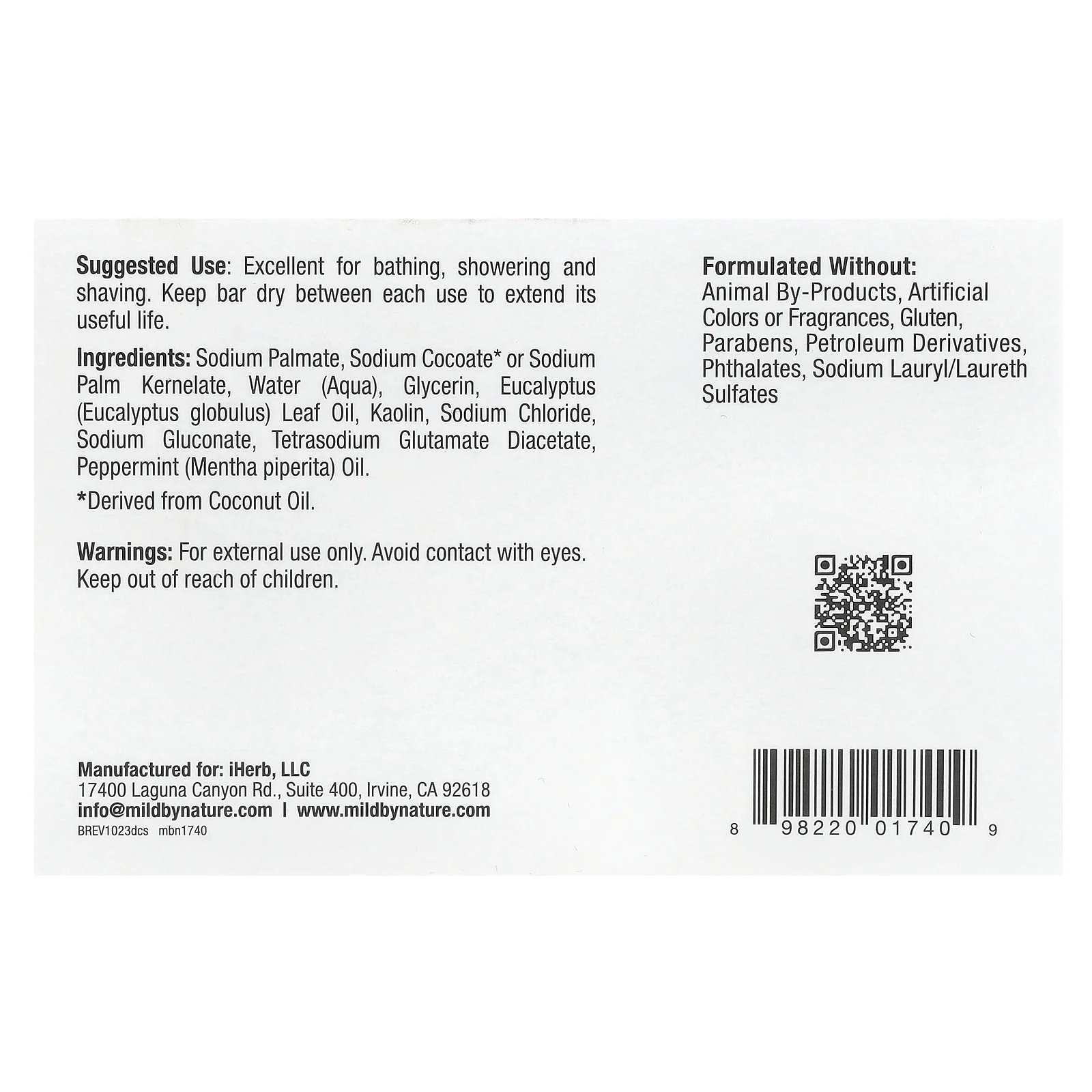 Mild By Nature, очищающее кусковое мыло с глиной, с ароматом эвкалипта и перечной мяты, с ископаемой глиной, 141 г (5 унций)