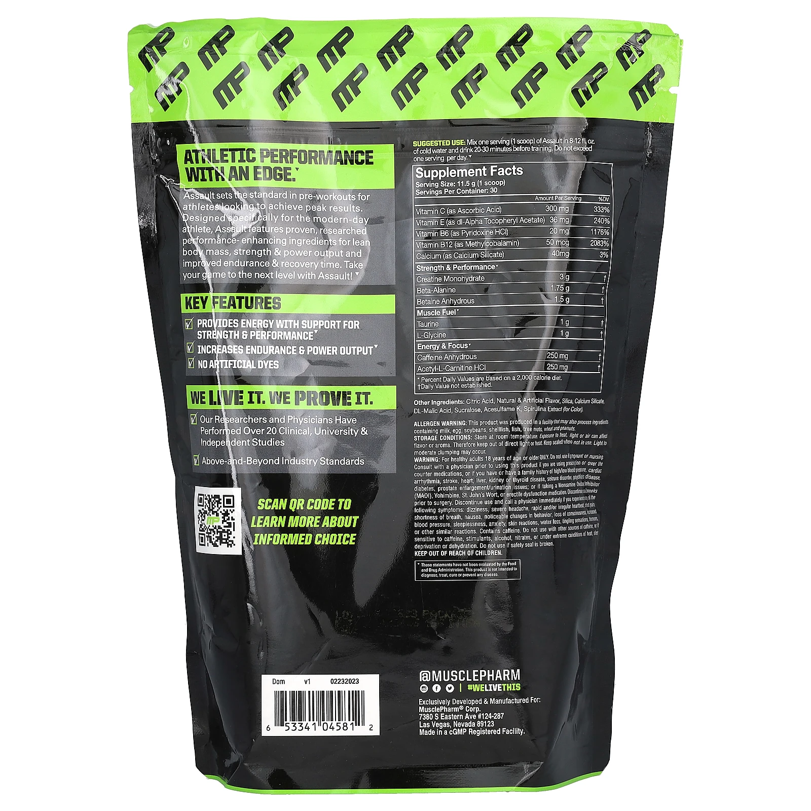 MusclePharm, Assault Energy + Strength, предтренировочный комплекс, со вкусом голубой малины, 344 г (12,1 унции)