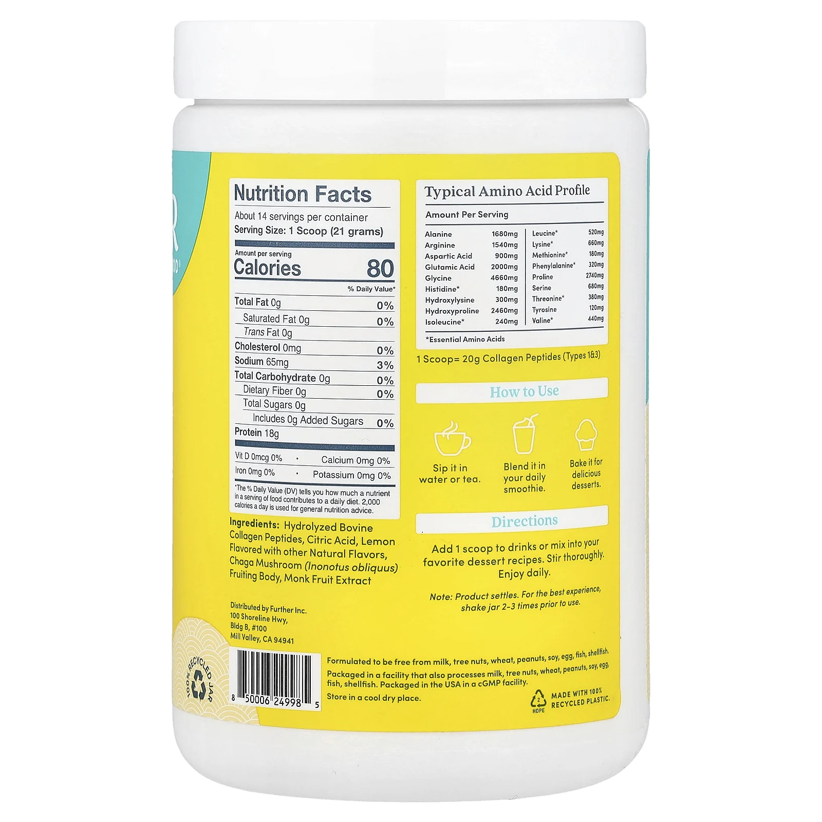 Further Food, экологически чистые пептиды коллагена от животных травяного откорма, гриб чага, лимон, 298 г (10,5 унции)