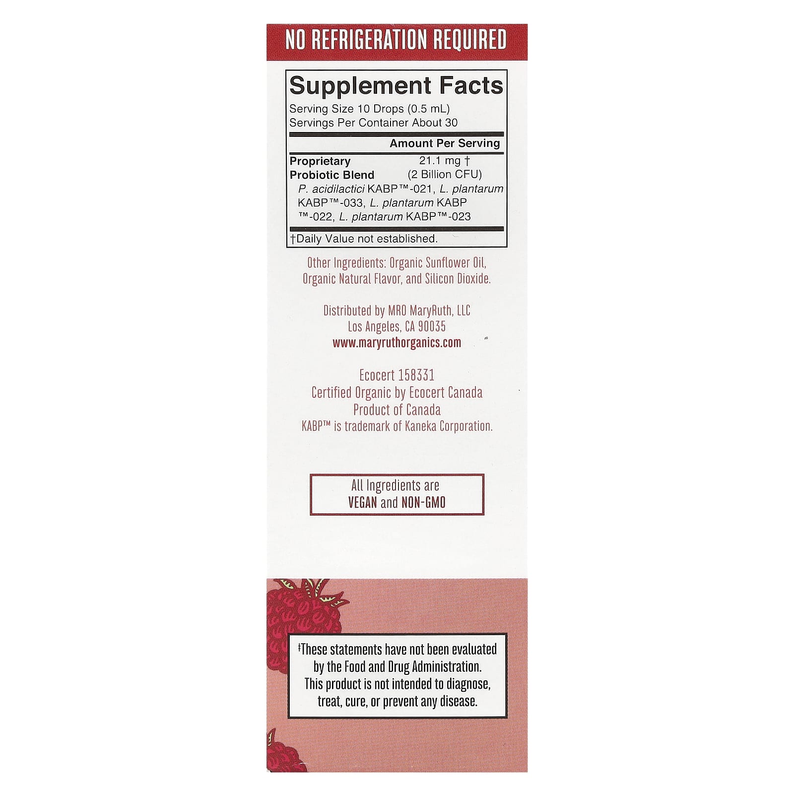 MaryRuth's, Органический пробиотик для женщин, жидкие капли, малина, 2 млрд КОЕ, 15 мл (0,5 жидк. Унции)