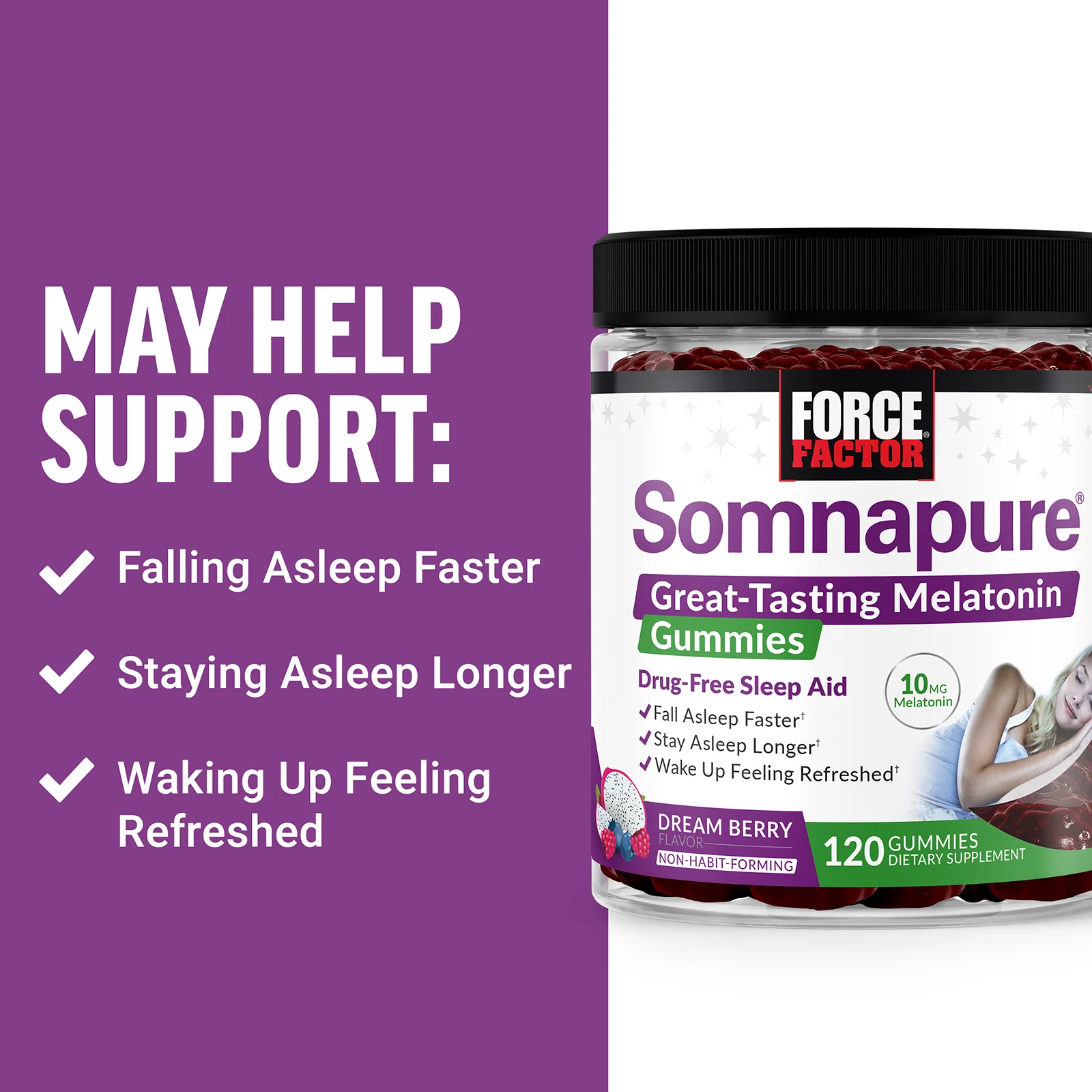 Force Factor, Somnapure, жевательные таблетки с мелатонином, 10 мг, ягодный вкус, 120 жевательных таблеток (5 мг в 1 таблетке)