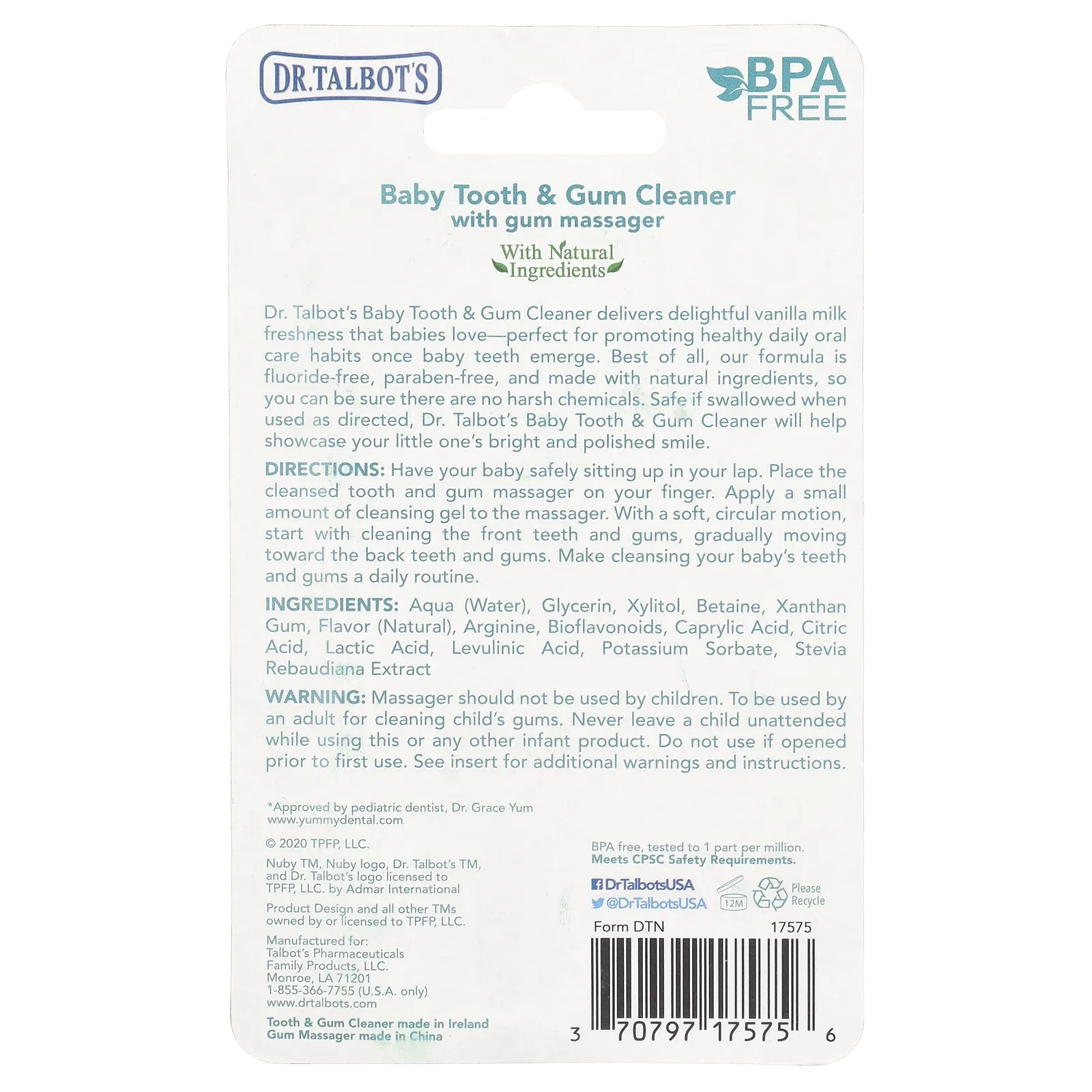 Dr. Talbot's, All Natural, детское средство для чистки зубов и десен, от 0 месяцев, гель со вкусом ванильного молока, набор из 2 предметов