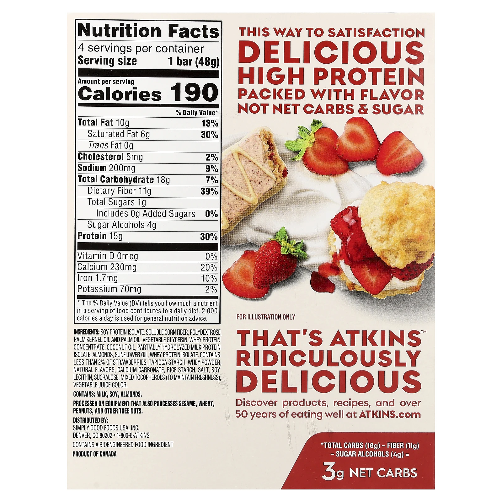 Atkins, высокопротеиновый батончик, клубничное печенье, 4 батончика по 48 г (1,69 унции)