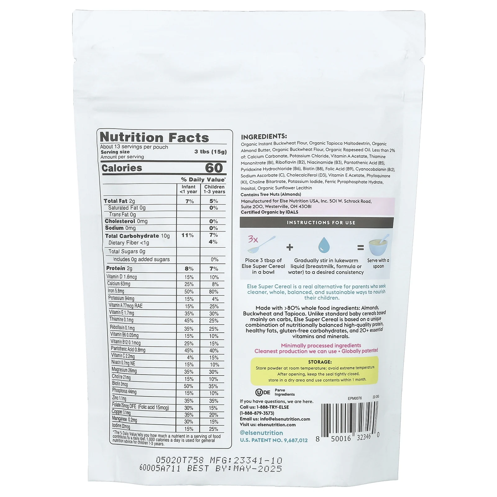 Else, Для малышей, супер злаки с растительным миндалем и гречкой, для детей от 6 месяцев, оригинальные, 198 г (7 унций)